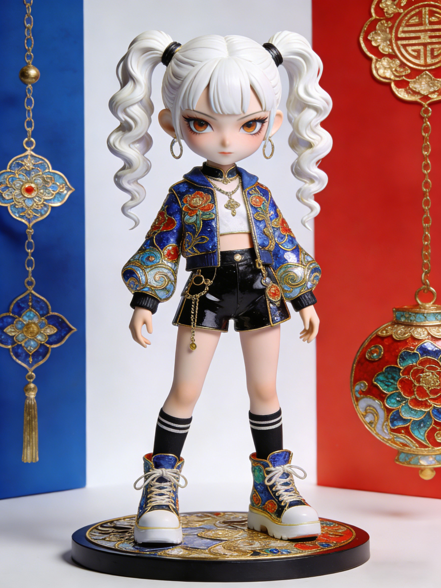 国潮白发双马尾娃娃手办正面图