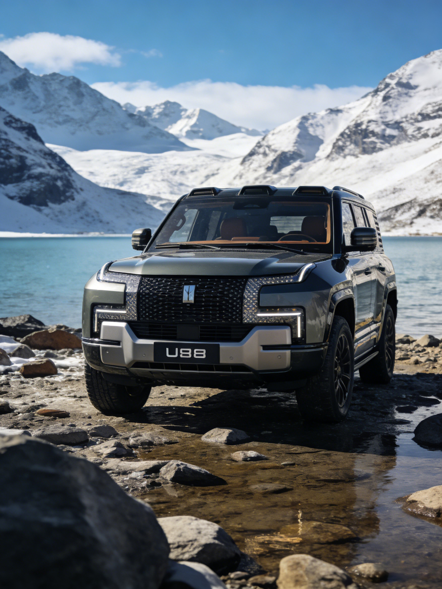 U98 SUV在雪山湖边的正前方视角