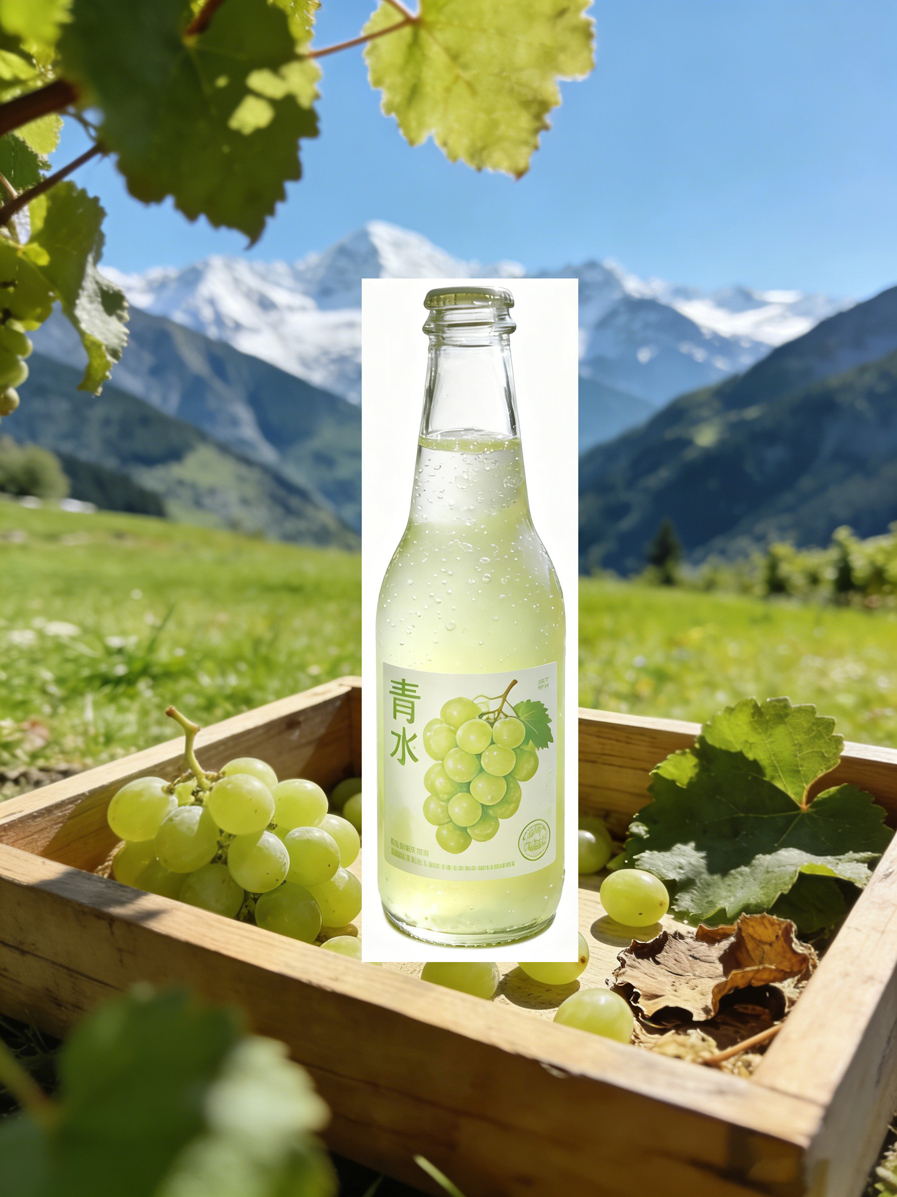 青水饮料瓶放在葡萄园场景中溶图前