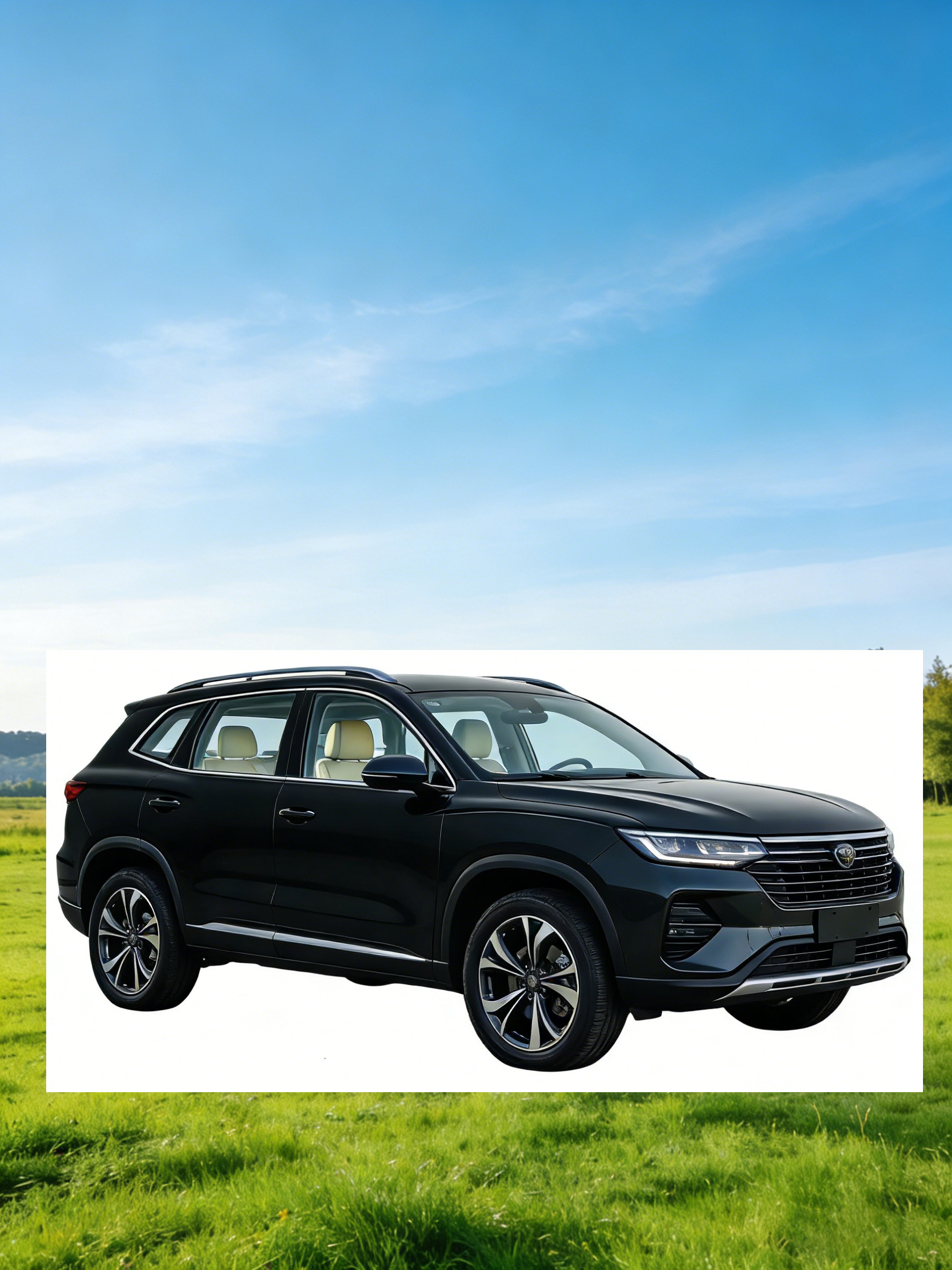 黑色SUV白底图放在草地蓝天场景中溶图前