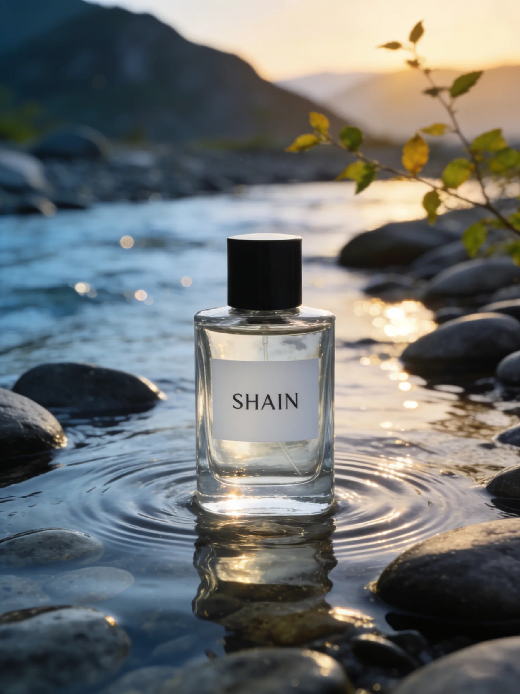 溶图后:香水瓶自然立于水中石头上,水面涟漪和夕阳反光协调 SHAIN香水瓶溶图后与溪流场景自然融合