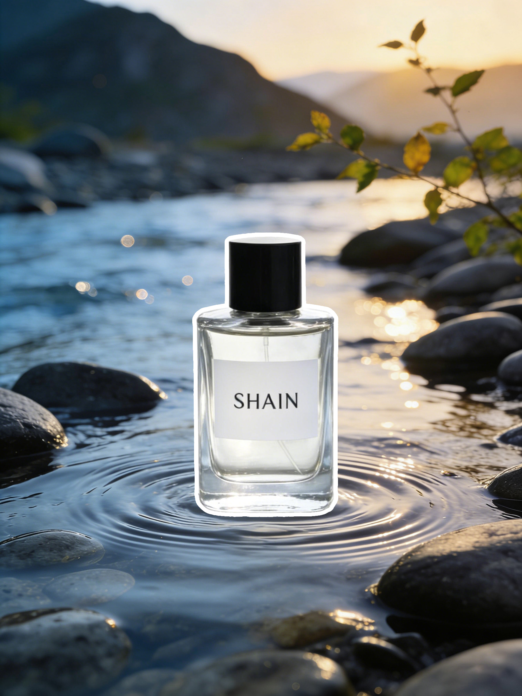SHAIN香水瓶放在溪流石滩场景中溶图前
