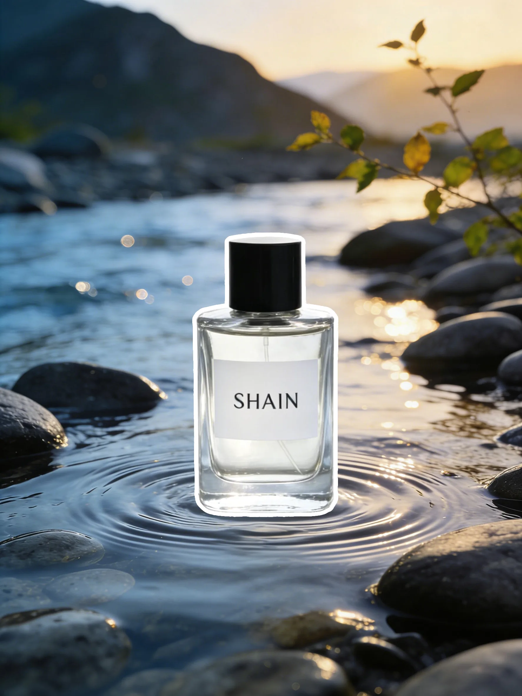 SHAIN香水瓶放在溪流石滩场景中溶图前