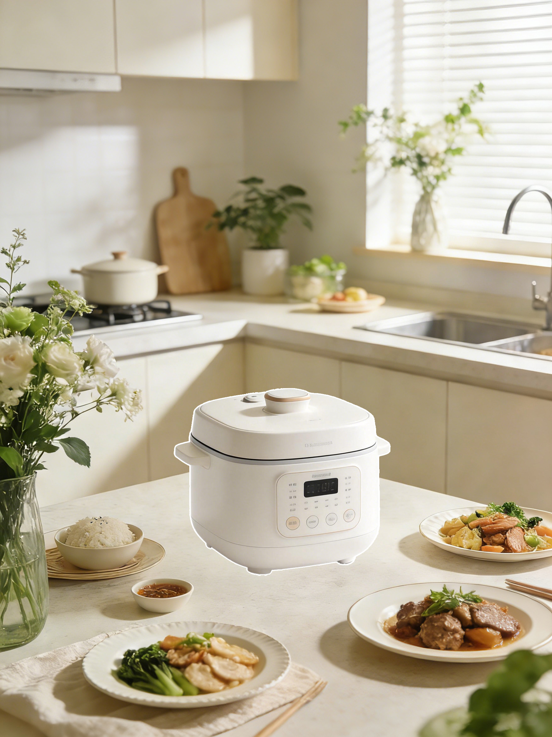 白色电饭煲放在厨房场景中溶图前