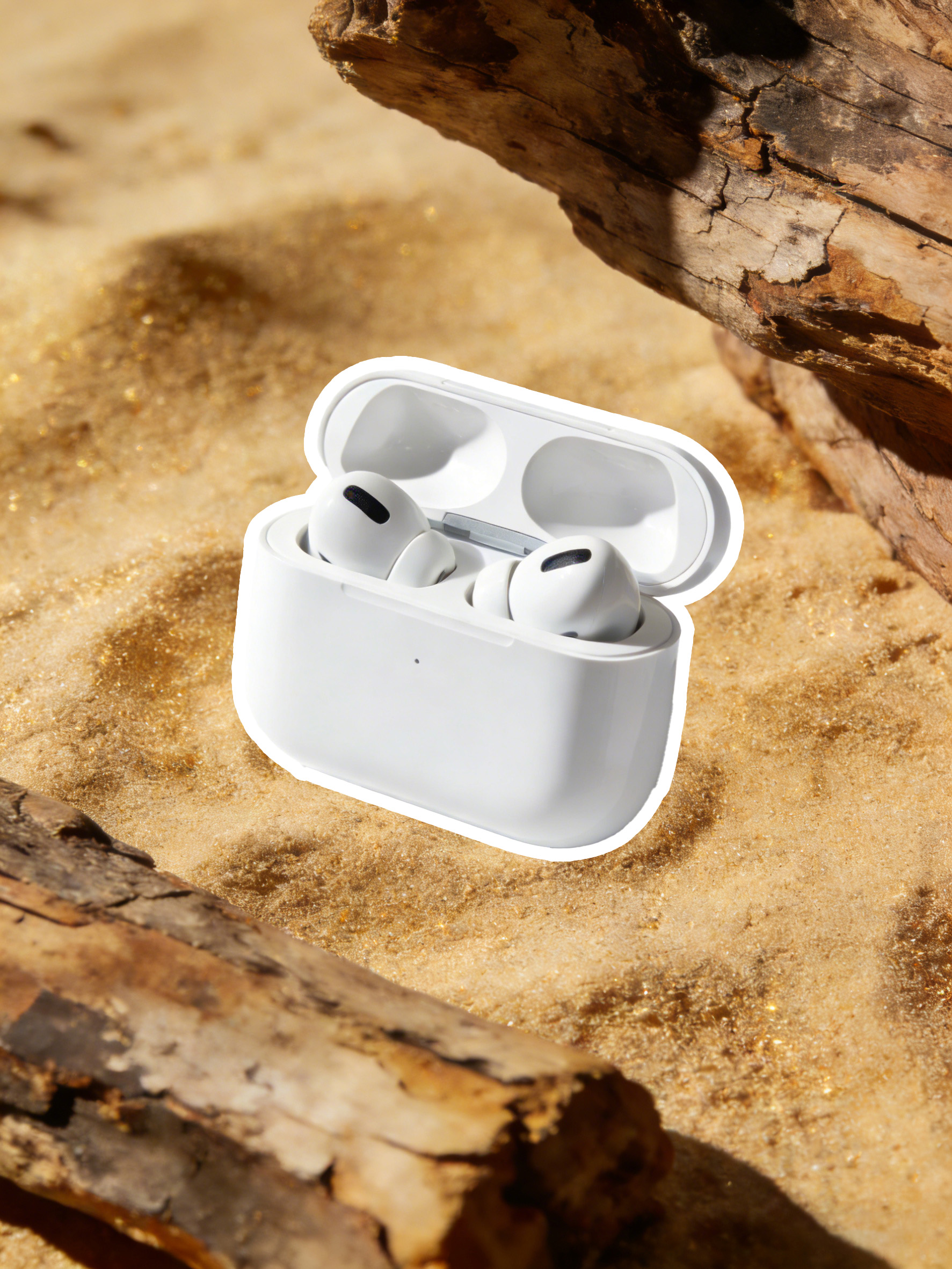 白色耳机盒放在沙滩场景中溶图前