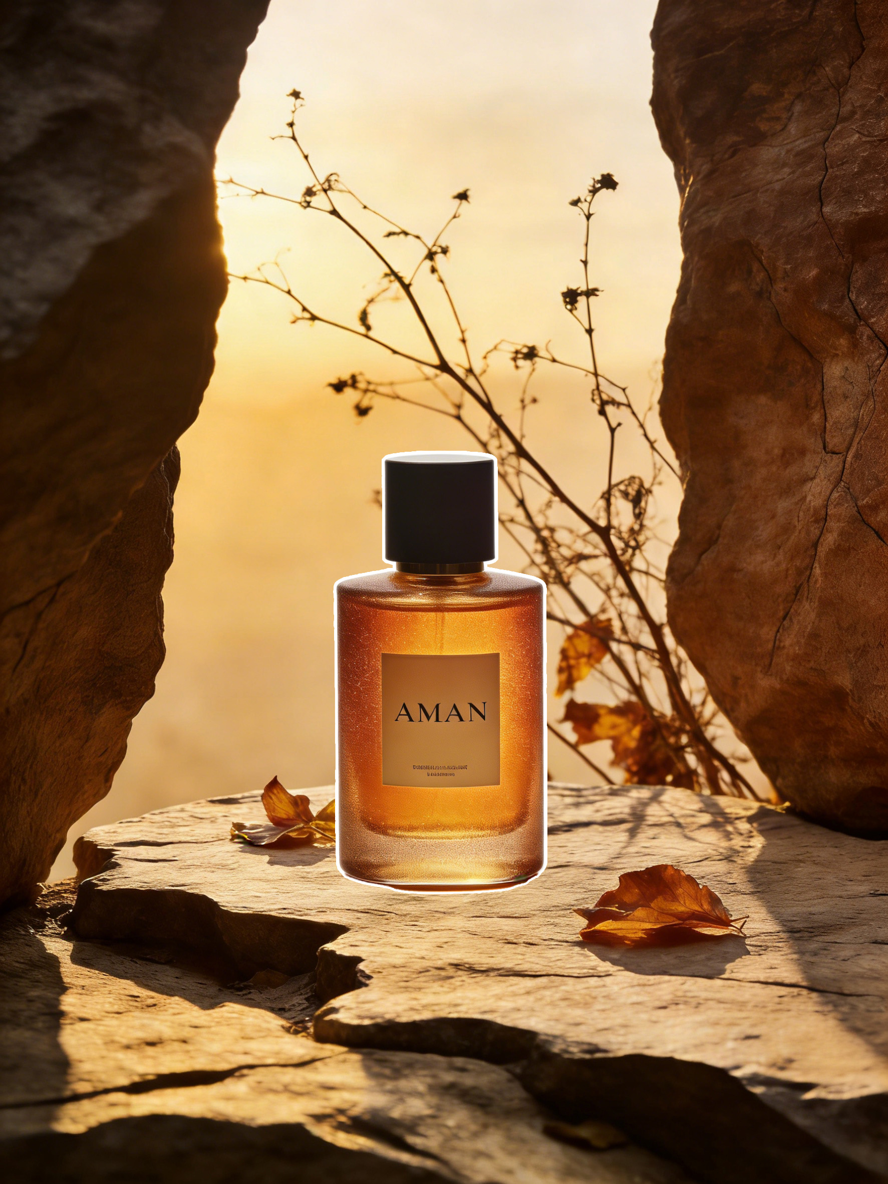 AMAN香水瓶放在黄昏岩石场景中溶图前