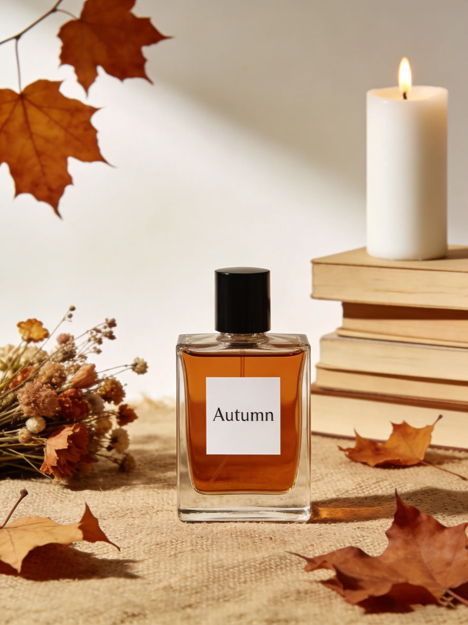 溶图后:香水瓶与枫叶蜡烛场景融为一体,暖色调光影自然 Autumn香水瓶溶图后与秋日场景完美融合