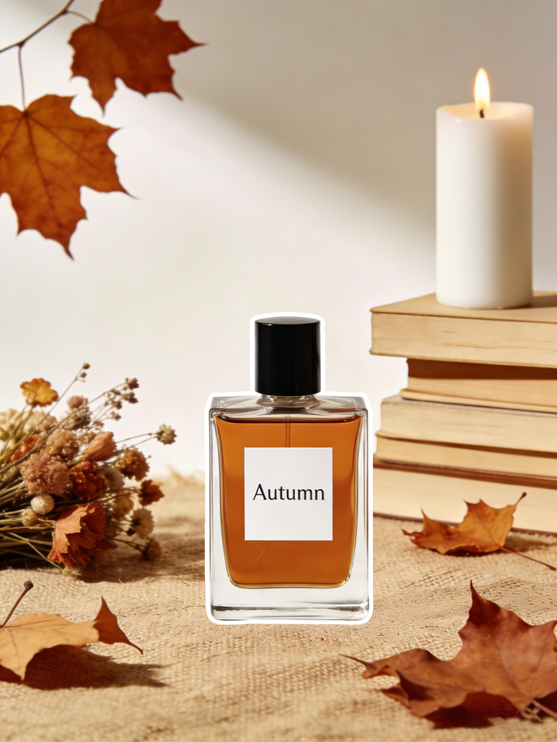 Autumn香水瓶放在秋日枫叶场景中溶图前