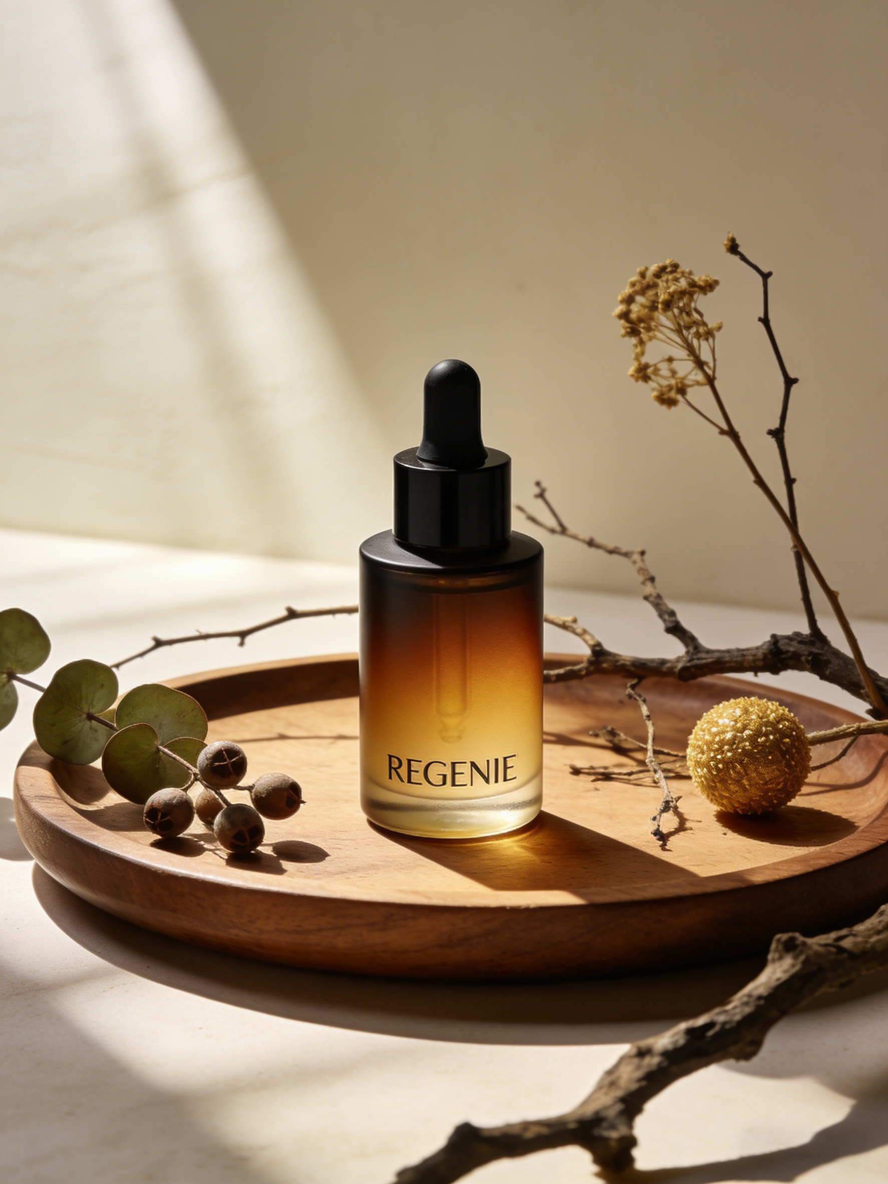 REGENIE精油瓶溶图后光影自然融合到木质托盘场景