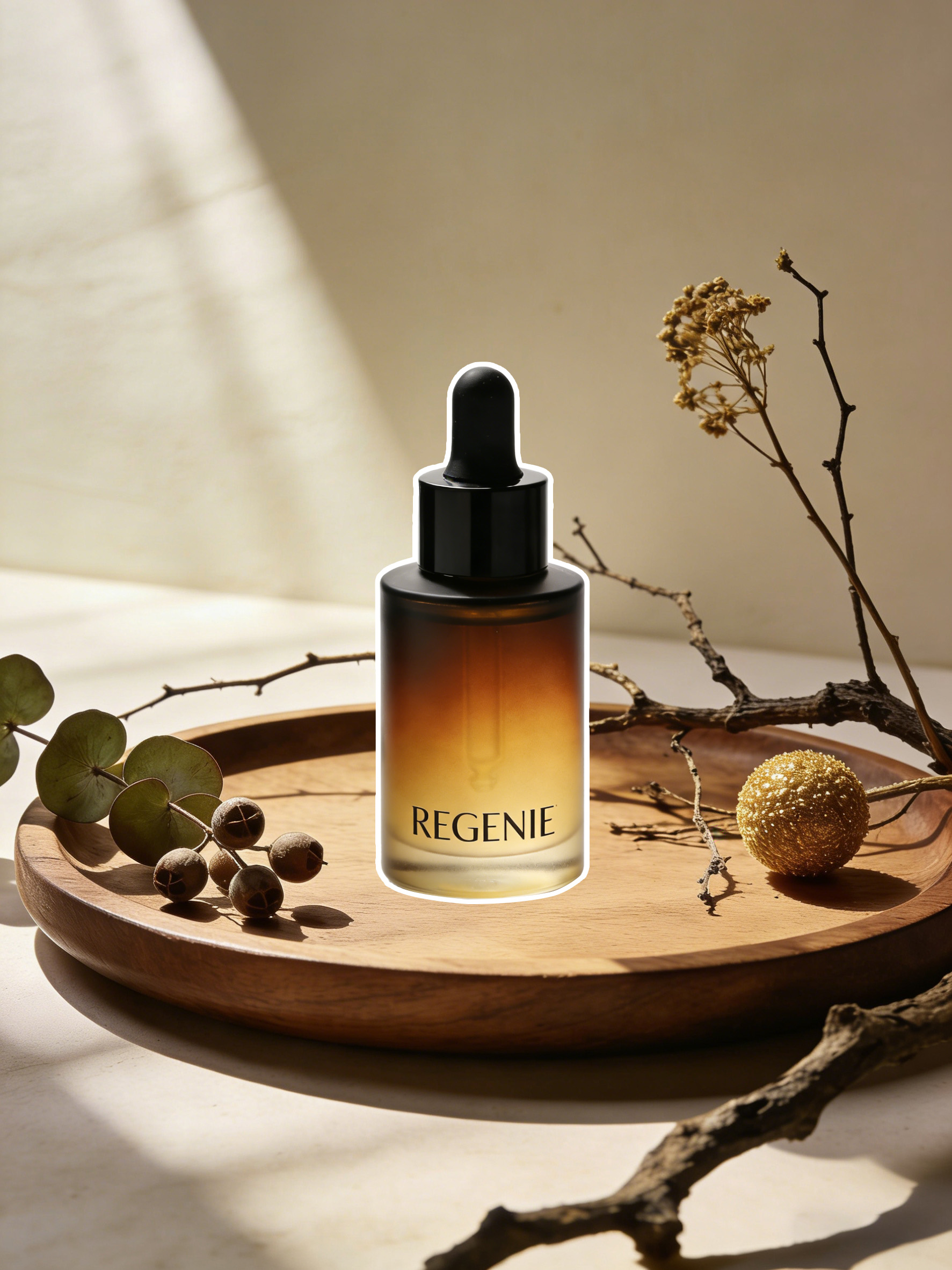 REGENIE精油瓶放在木质托盘场景中溶图前