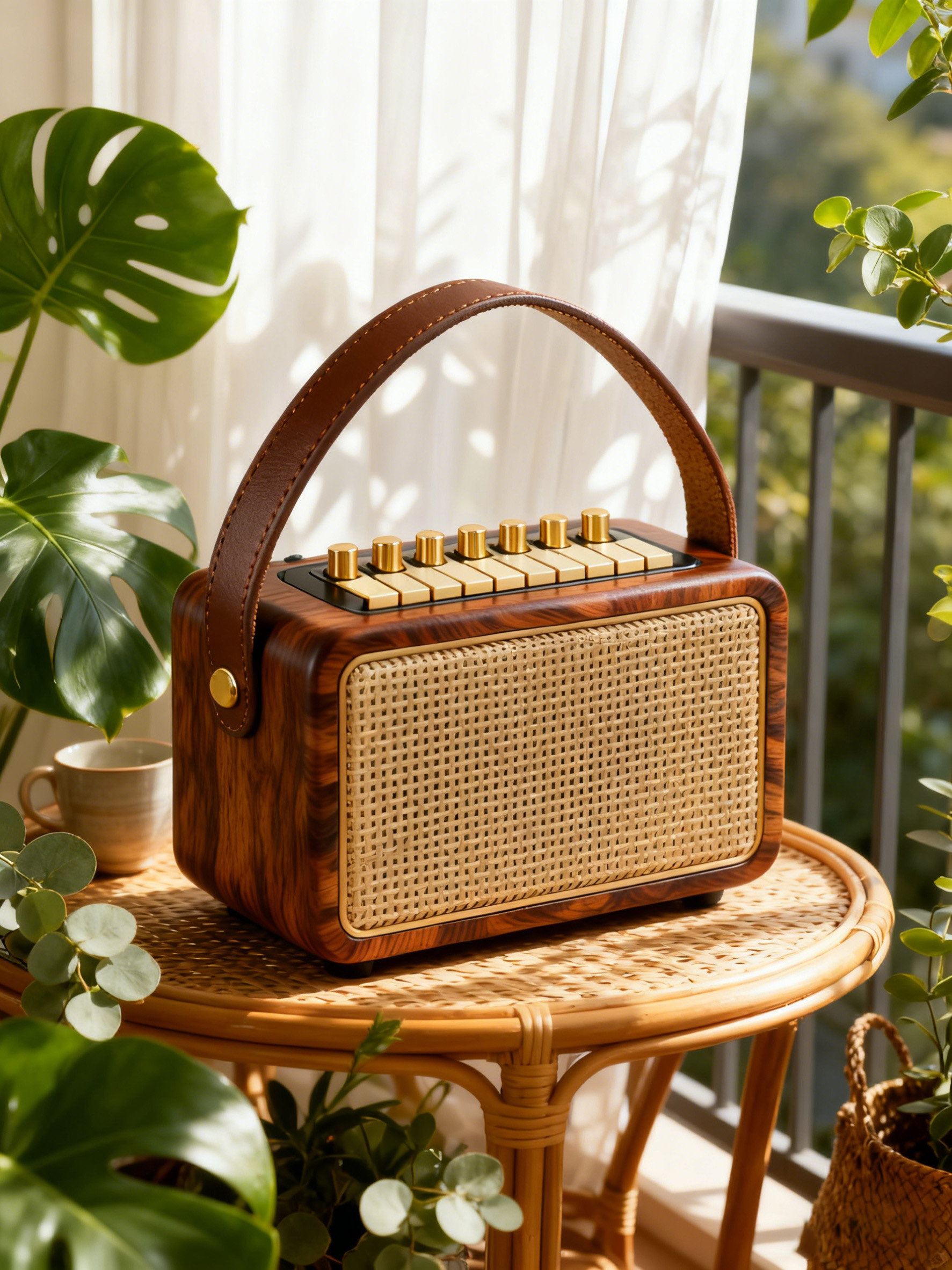 音箱融入阳台藤编桌场景后的效果