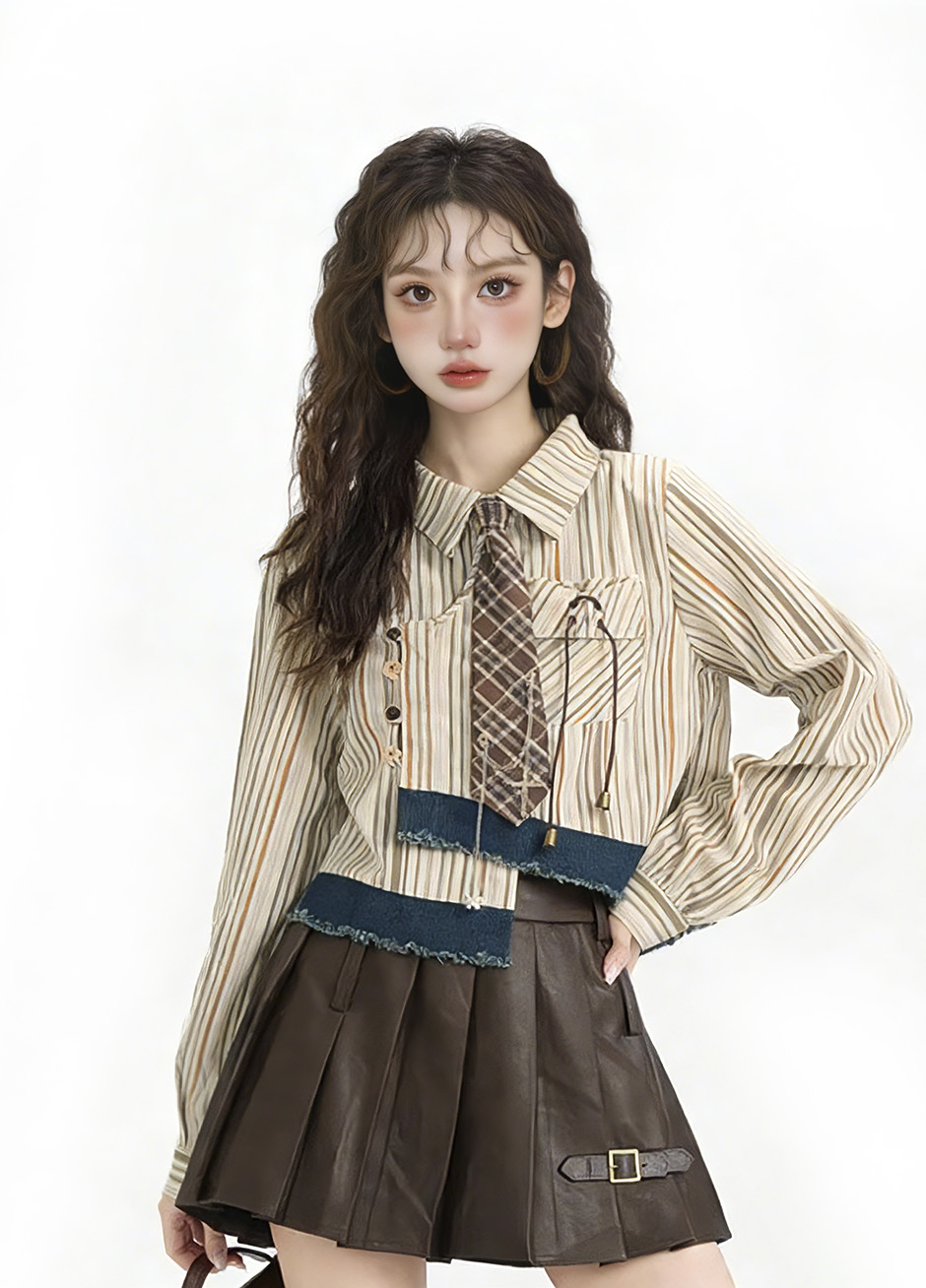 AI生成的模特穿着竖条纹套装的上身效果