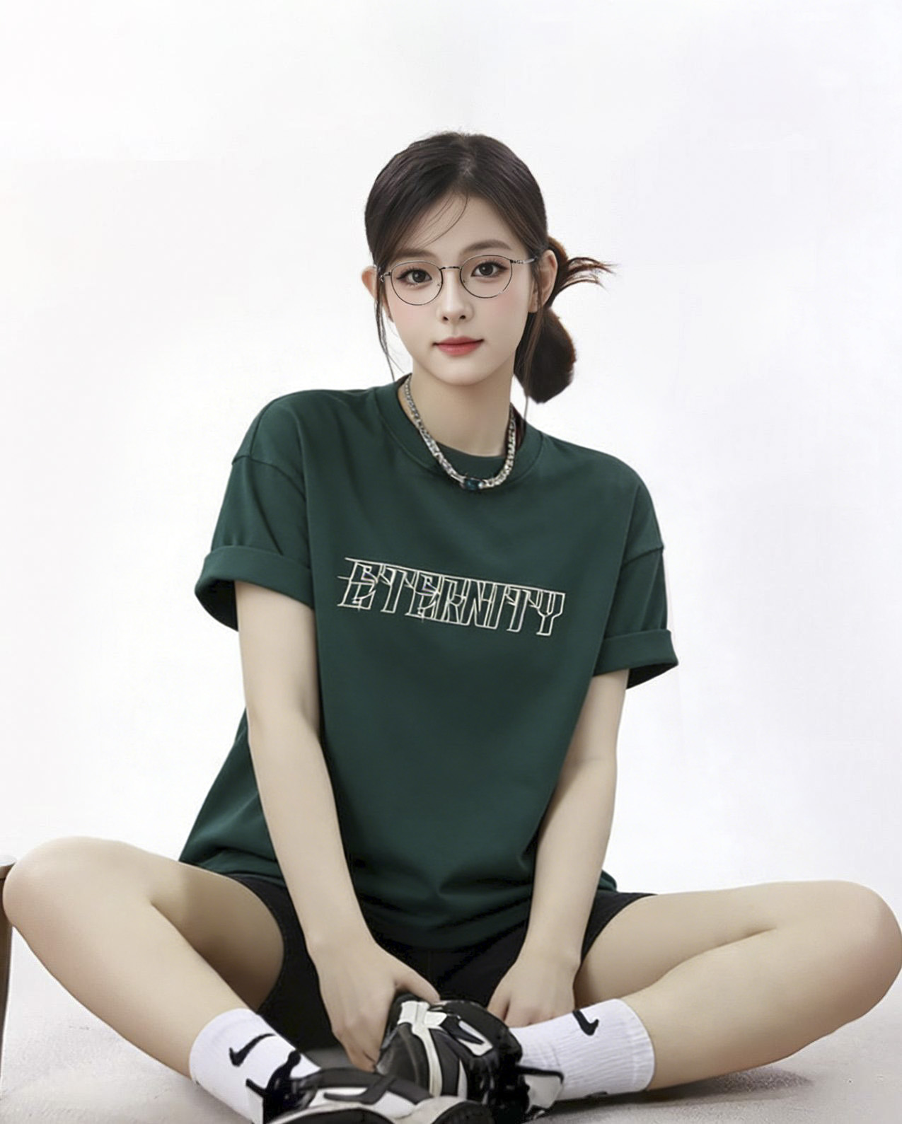 AI模特穿着墨绿色T恤的上身效果