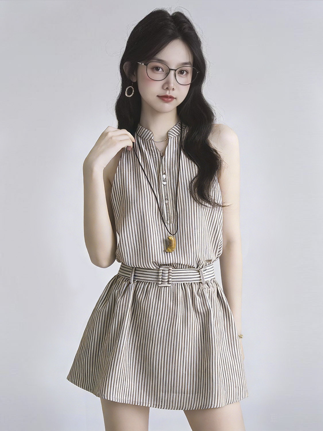 AI模特穿着竖条纹连衣裙的上身效果