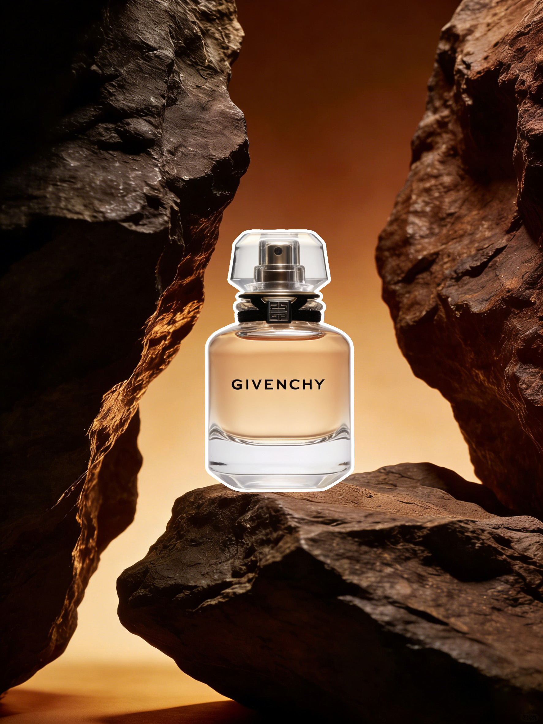 香水瓶在岩石洞穴场景中融合前