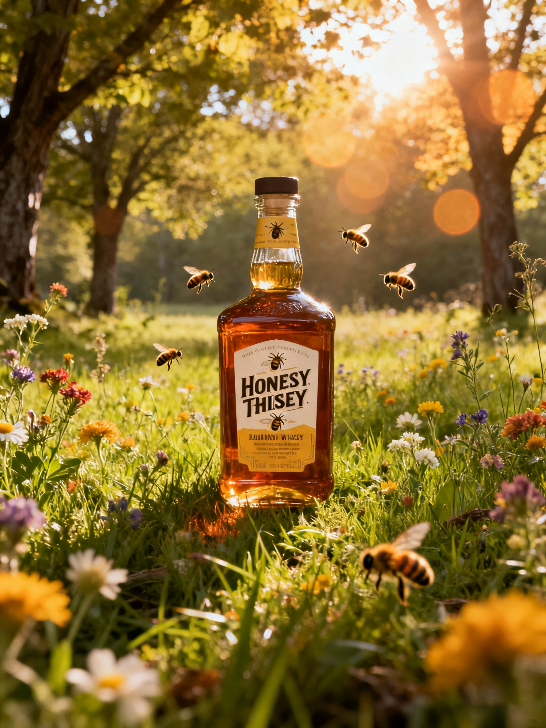 蜂蜜威士忌瓶融入花园场景后