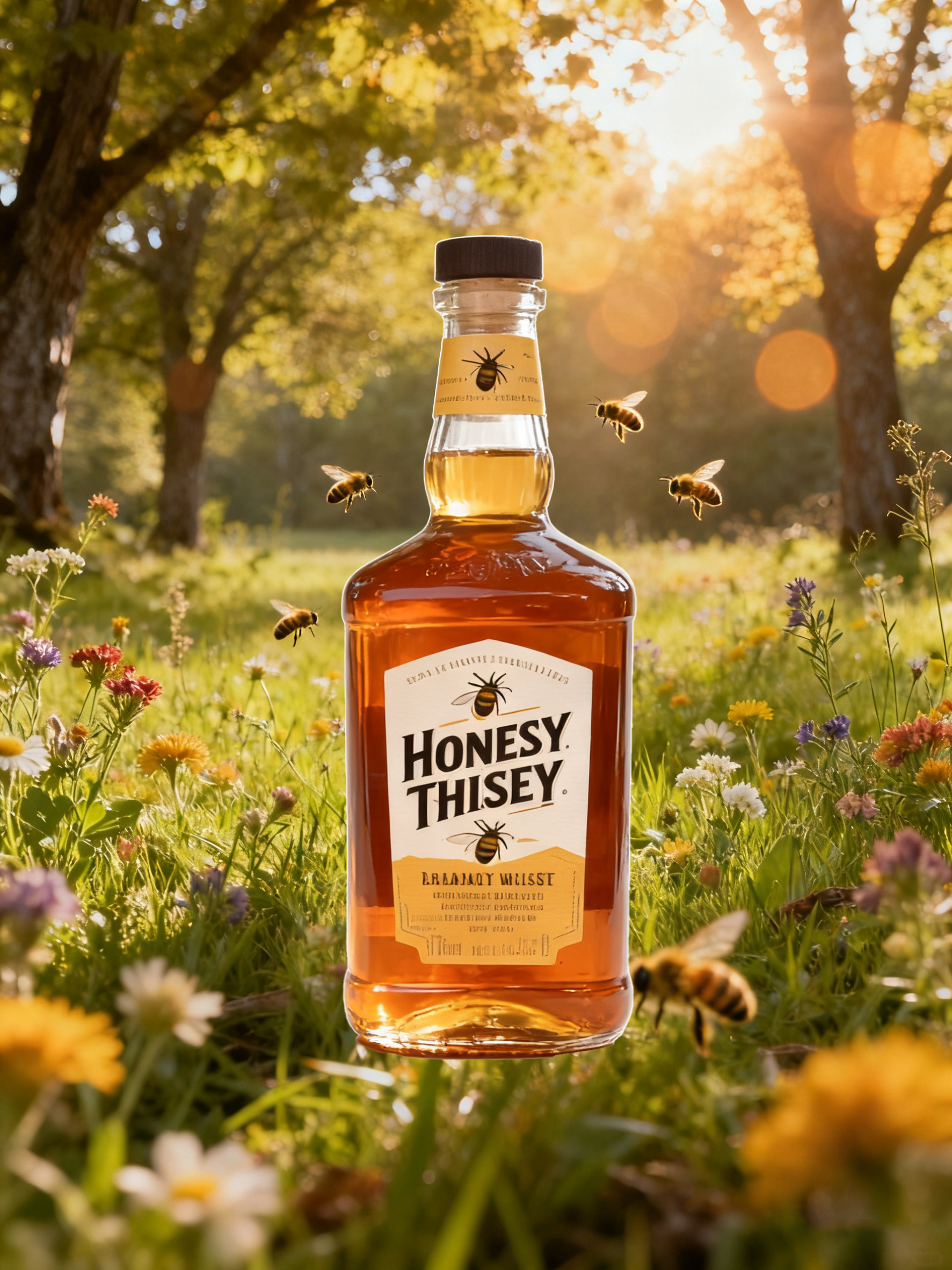 蜂蜜威士忌瓶在花园场景中融合前