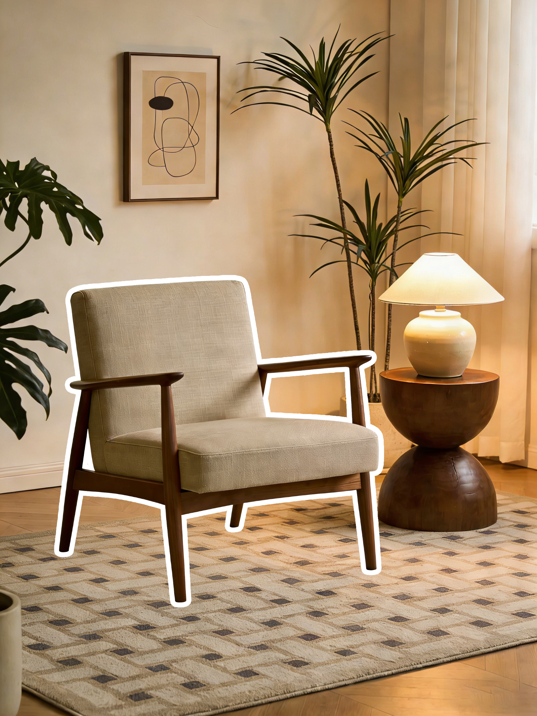 休闲椅白底图放在家居场景中待溶图