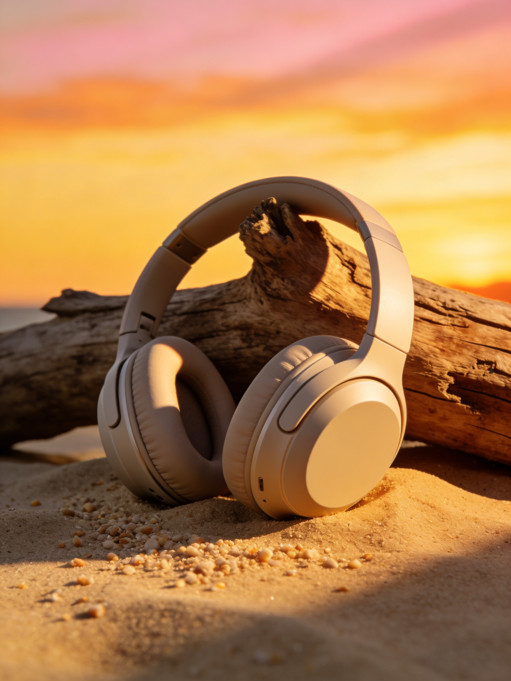 耳机溶图后与沙滩夕阳场景自然融合