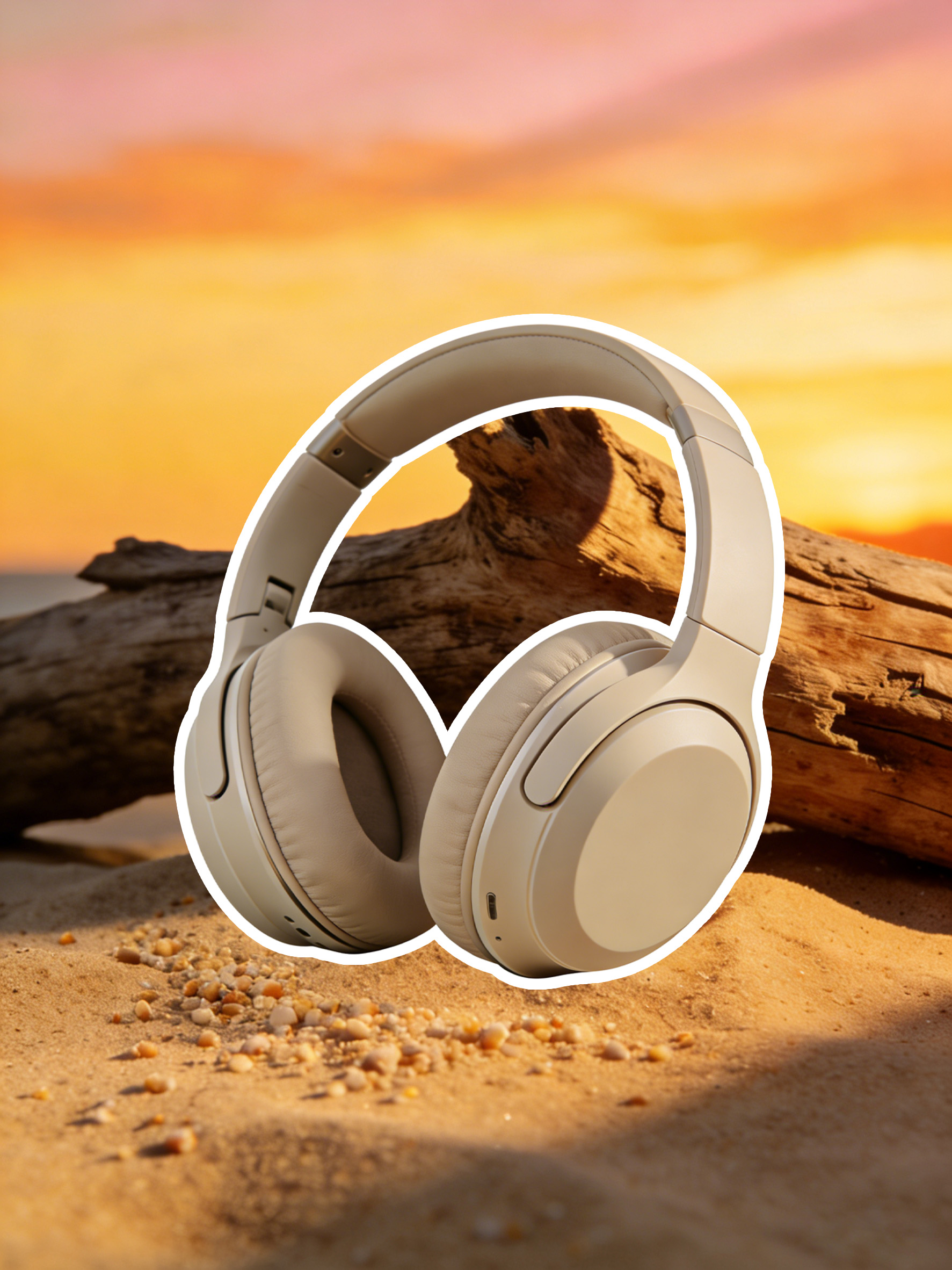 米白色耳机放在沙滩夕阳场景中溶图前