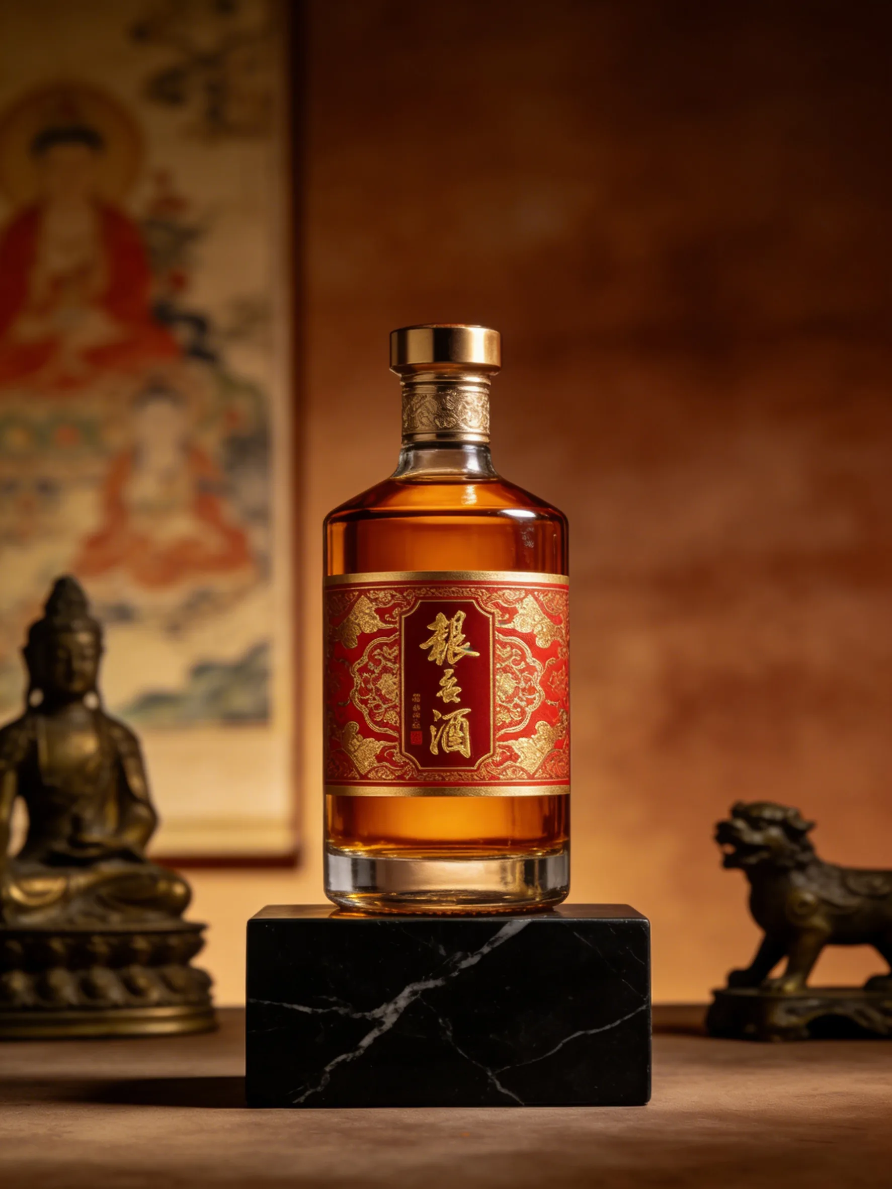 溶图后:白酒瓶自然立于大理石底座上,暖色光影与佛像场景协调 龙玉酒溶图后与古典场景质感融合