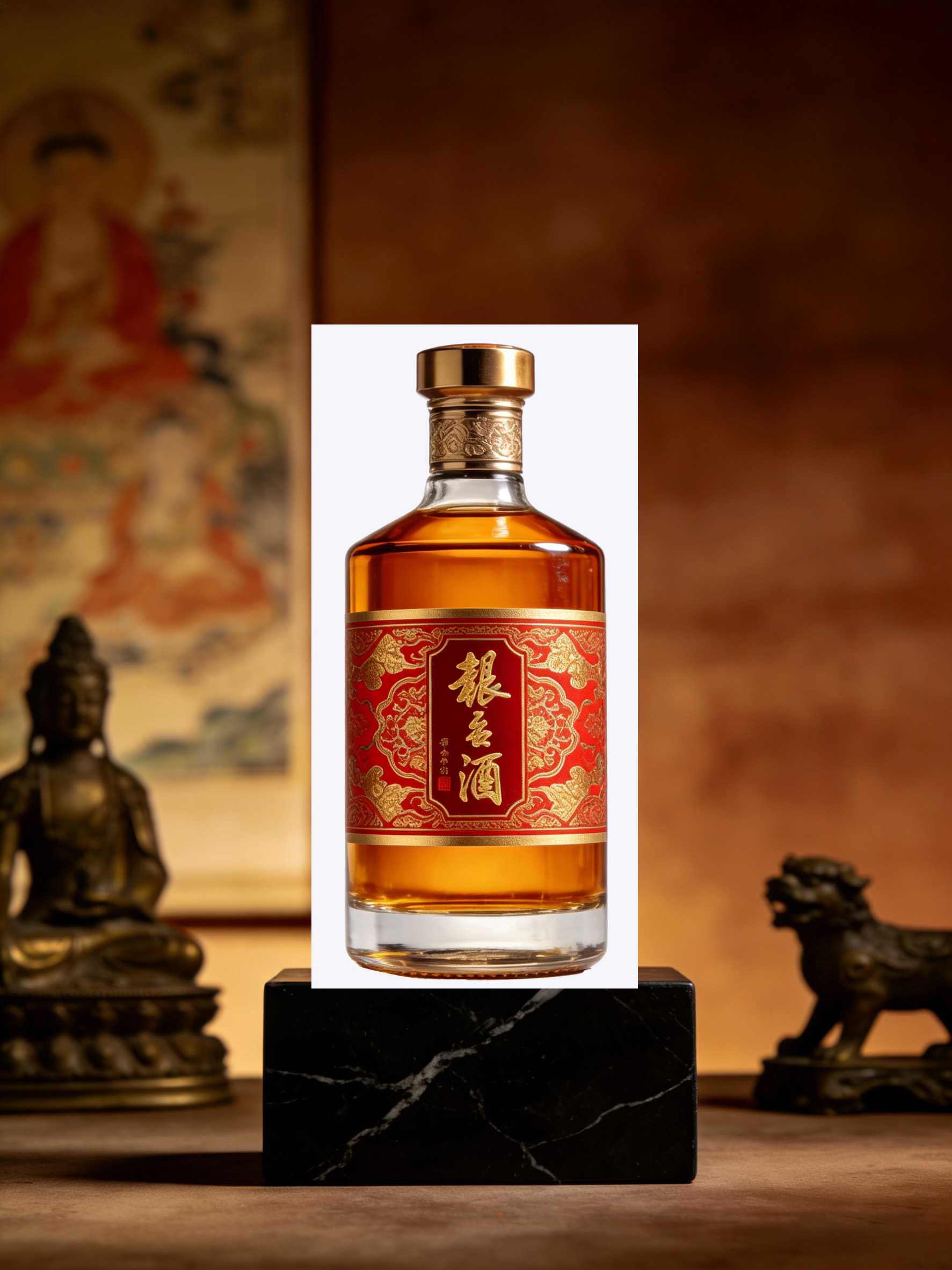 龙玉酒白酒瓶放在古典佛像场景中溶图前