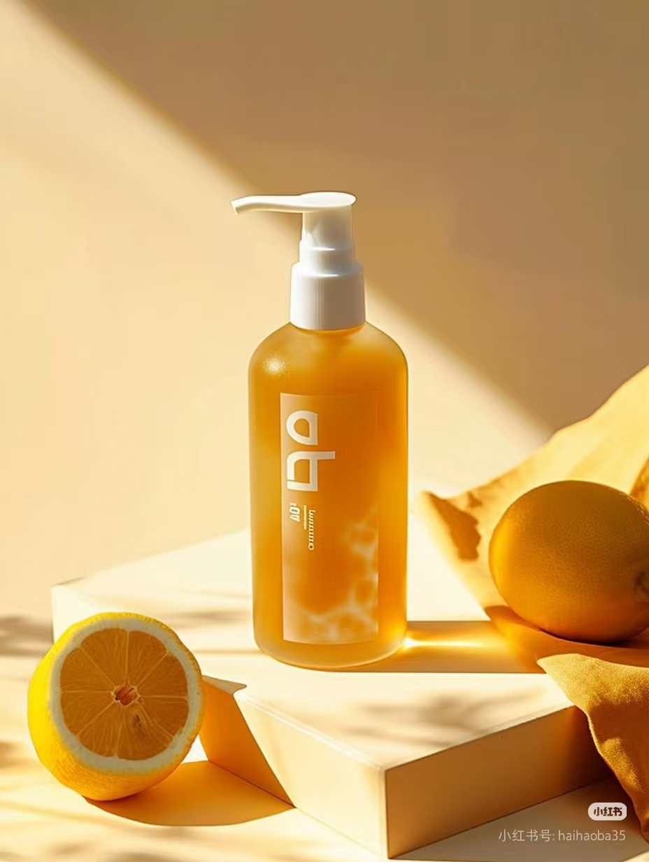 黄色护肤品瓶在暖色调柠檬场景中