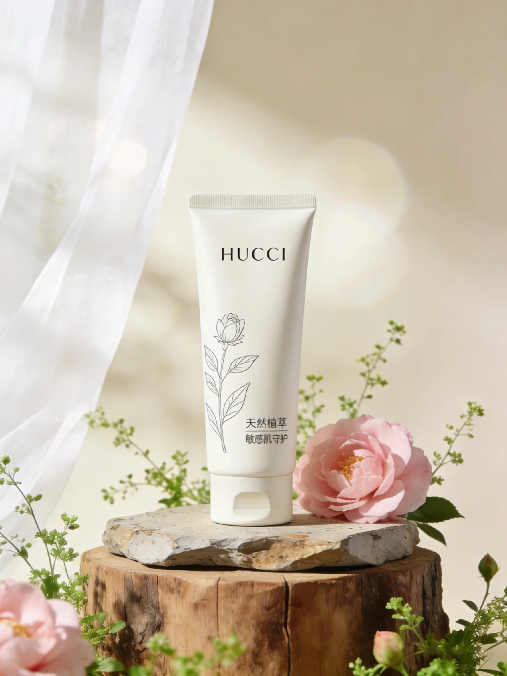 迁移后:HUCCI面霜自然立于石台上,光影与场景完全统一 面霜产品迁移到木桩场景后光影自然贴合
