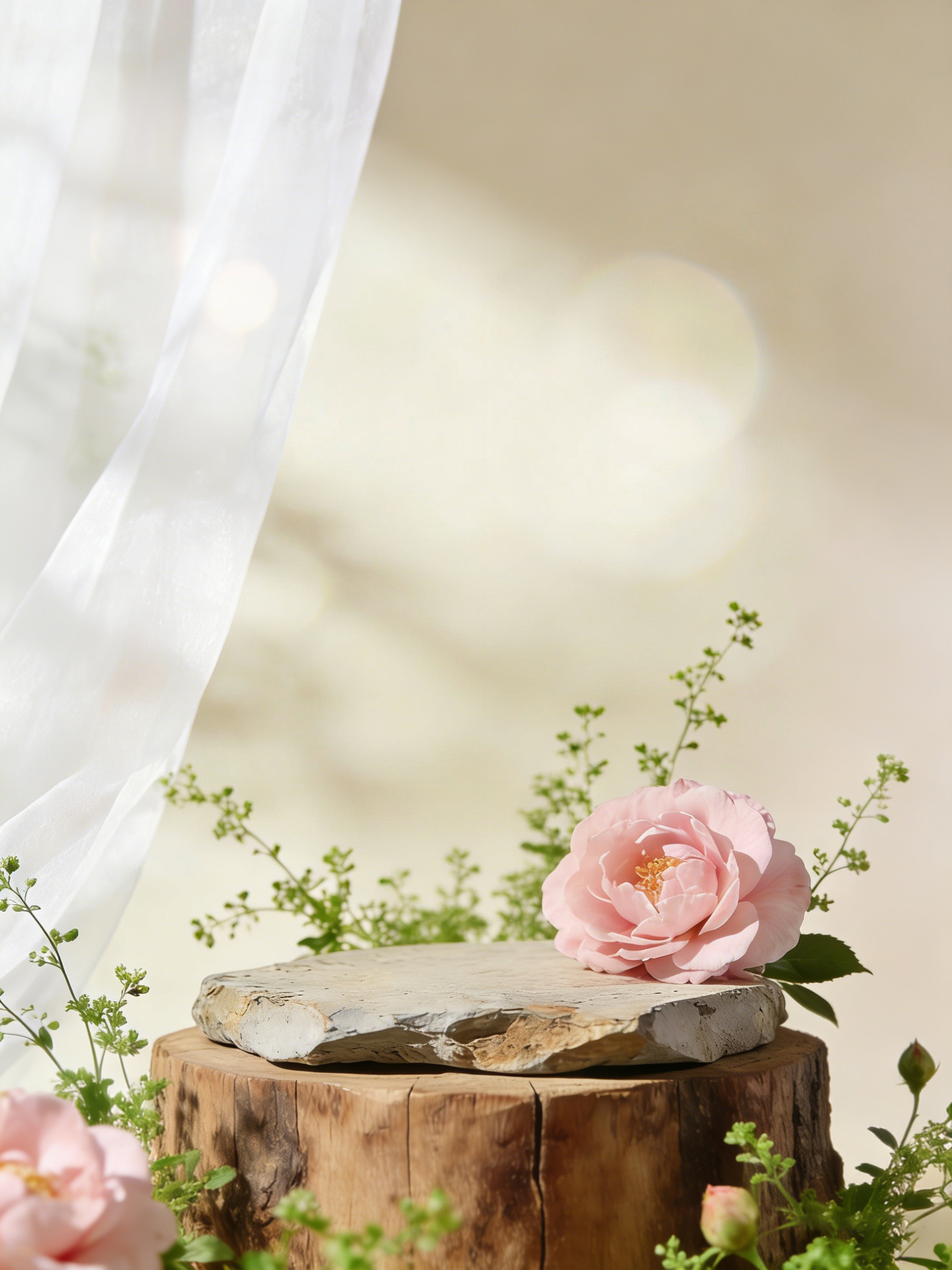 面霜迁移前的空场景木桩石台和玫瑰