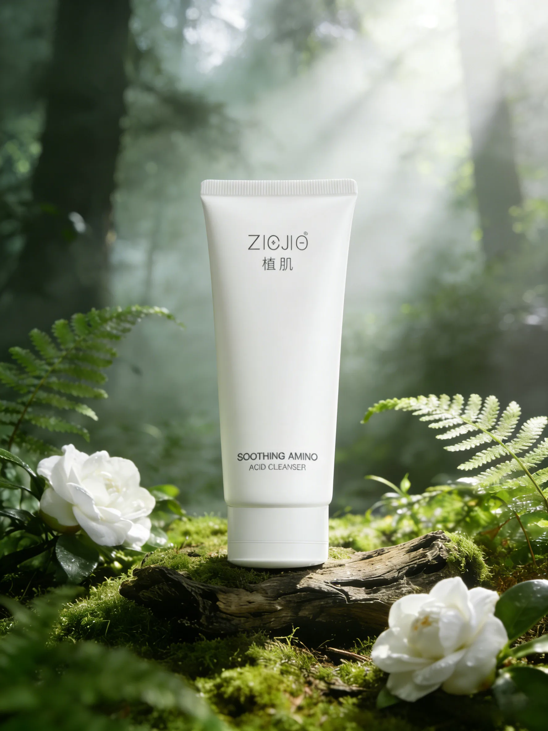 迁移后:植肌氨基酸洁面乳自然融入森林背景 洁面乳迁移到森林场景后光影自然融合
