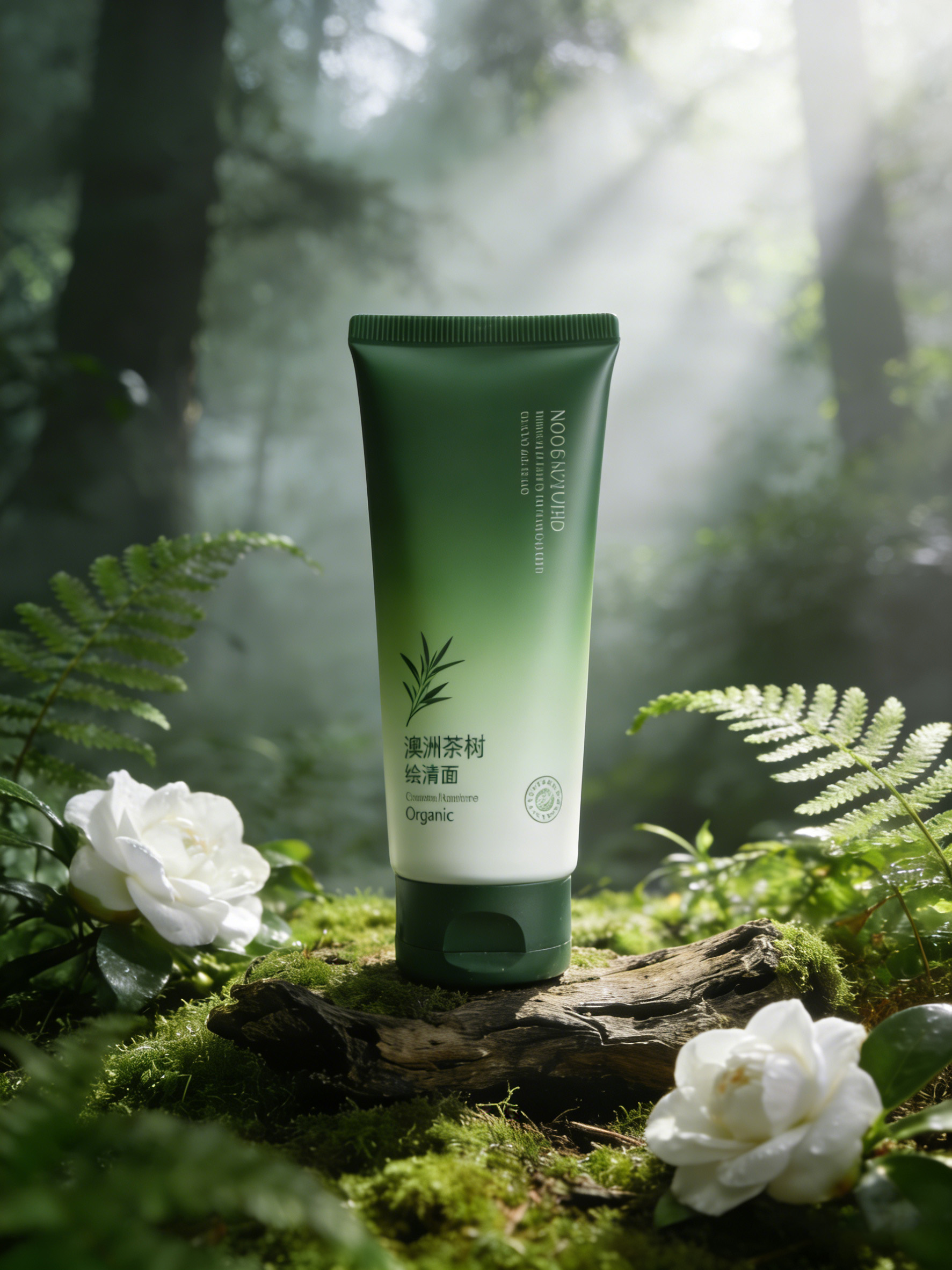 洁面乳产品放在森林场景中迁移前的原始状态