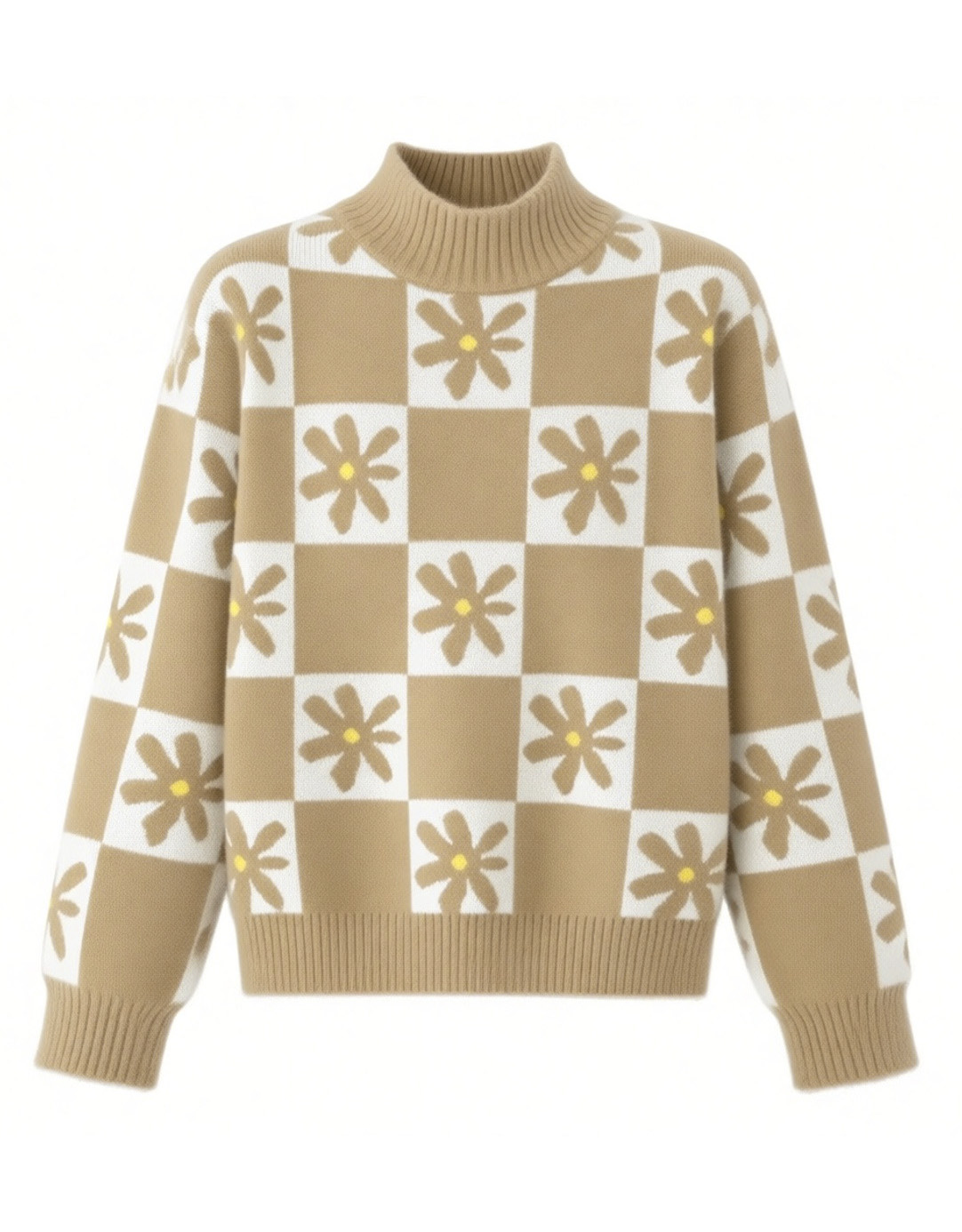 卡其白棋盘格雏菊毛衣