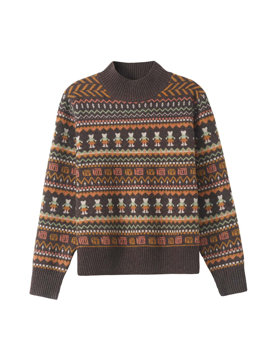 棕色费尔岛小熊提花毛衣