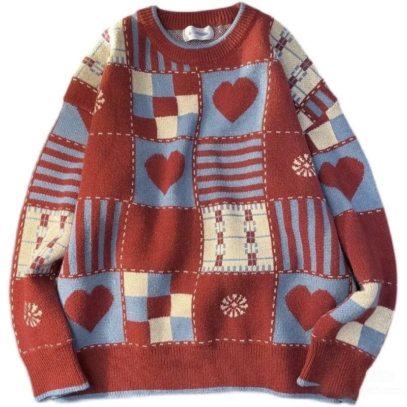 红蓝配色爱心拼布毛衣