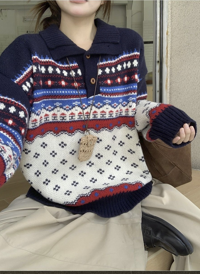 北欧风提花翻领开衫穿着照