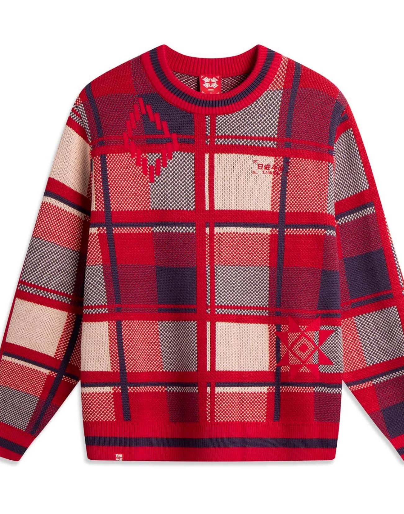 红蓝配色格纹编织圆领毛衣