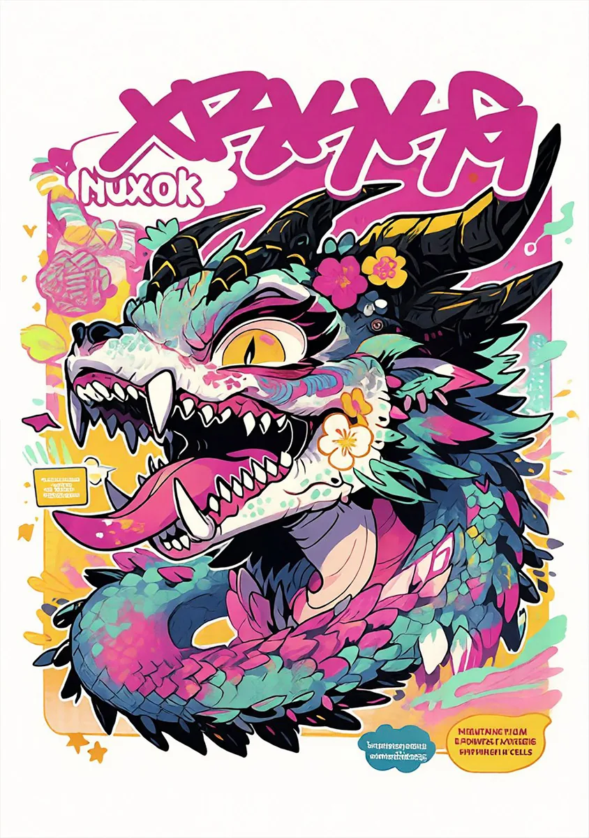 提取后的完整龙头涂鸦图案,背景干净,线条和色彩完整保留 提取后的龙头涂鸦图案