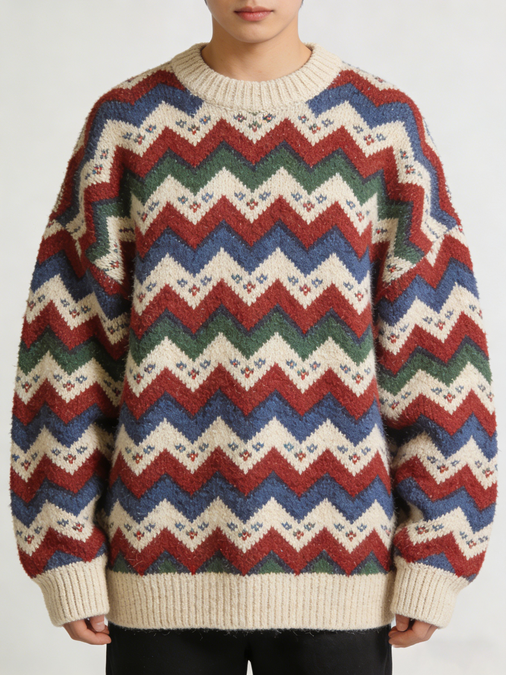 多色波浪锯齿纹圆领毛衣