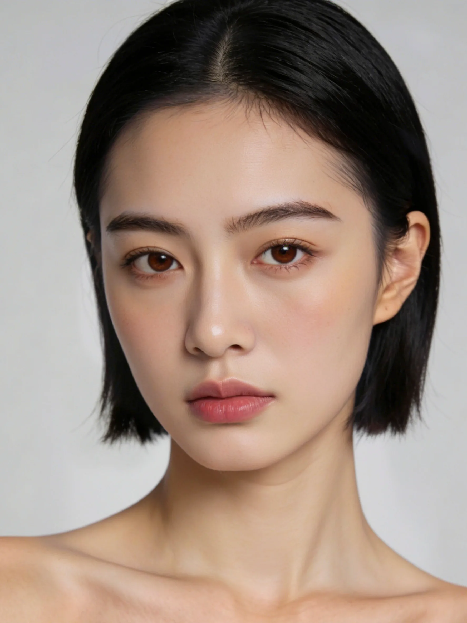短发模特修图后皮肤细腻自然