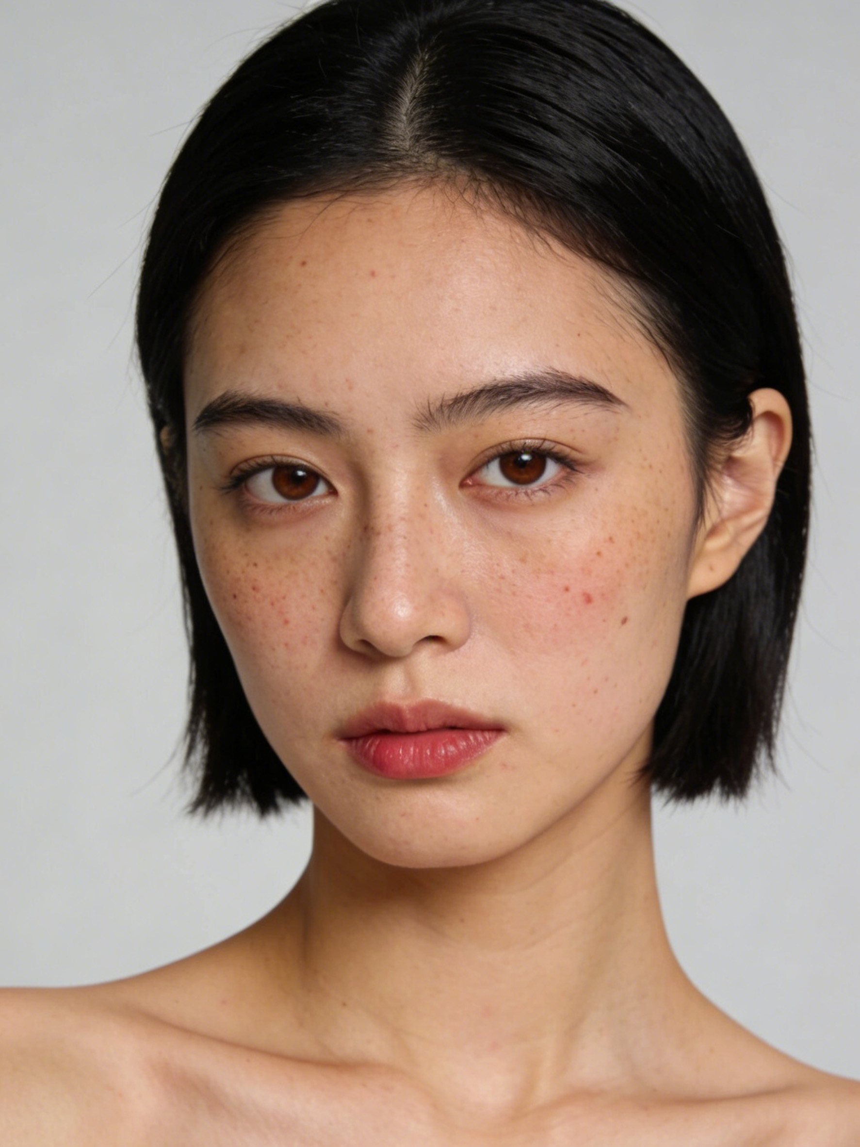 短发模特修图前全脸雀斑