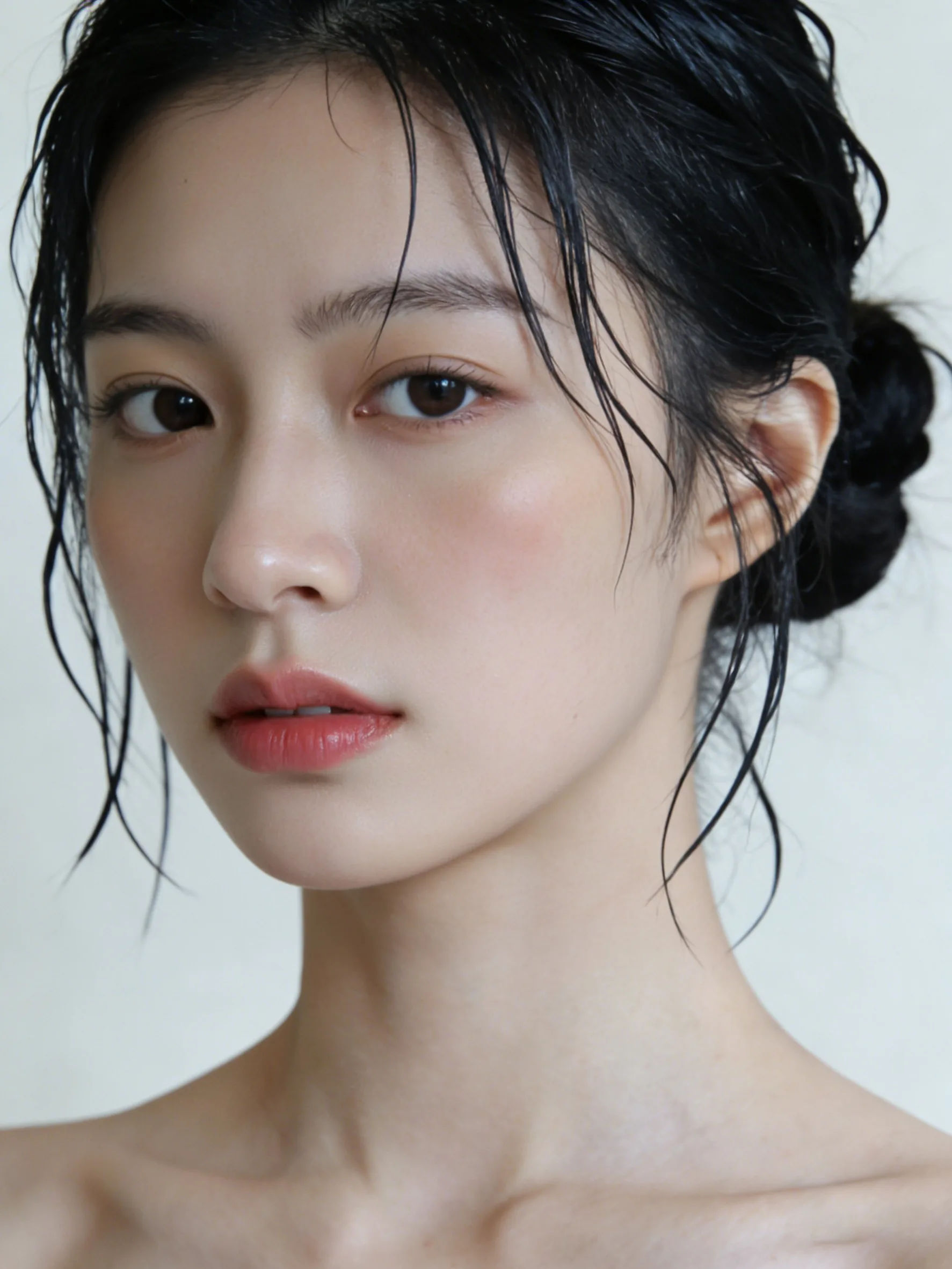 修图后:痘印消除肤色均匀 低马尾侧脸修图后干净通透