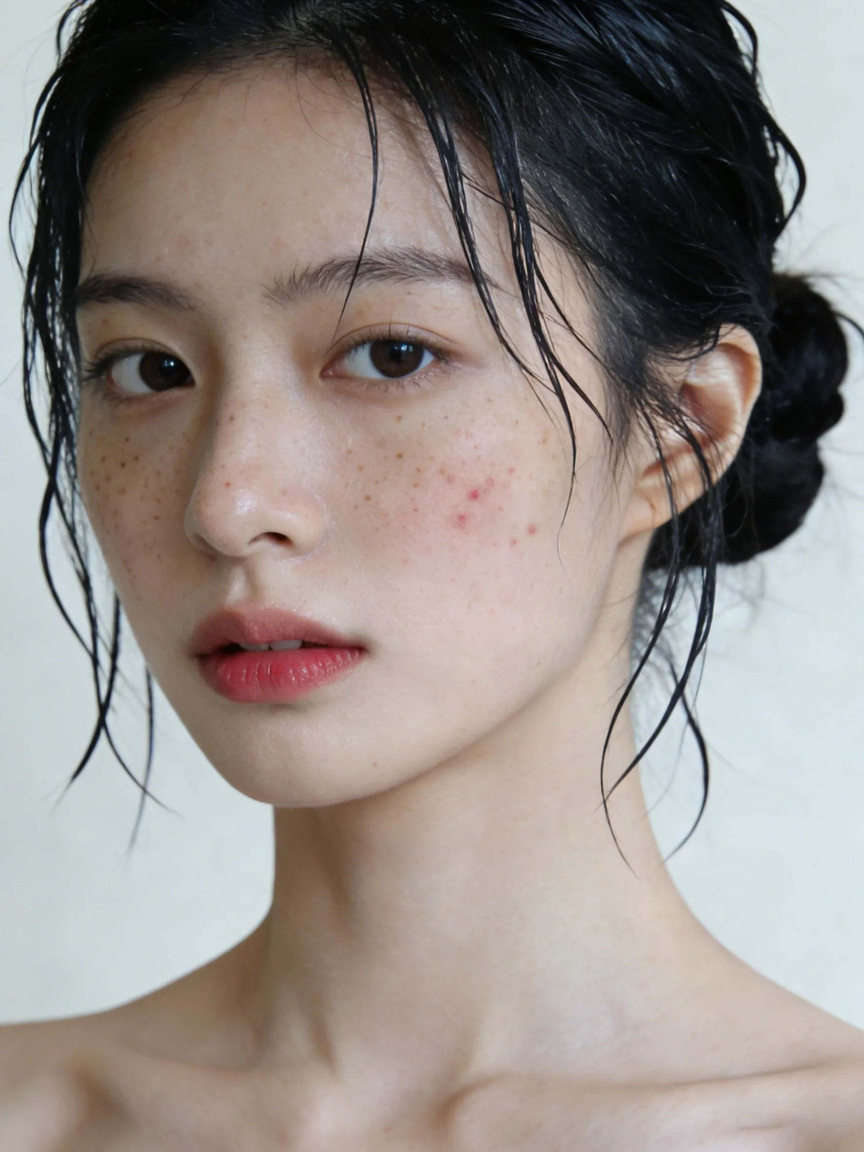 低马尾侧脸修图前痘印明显