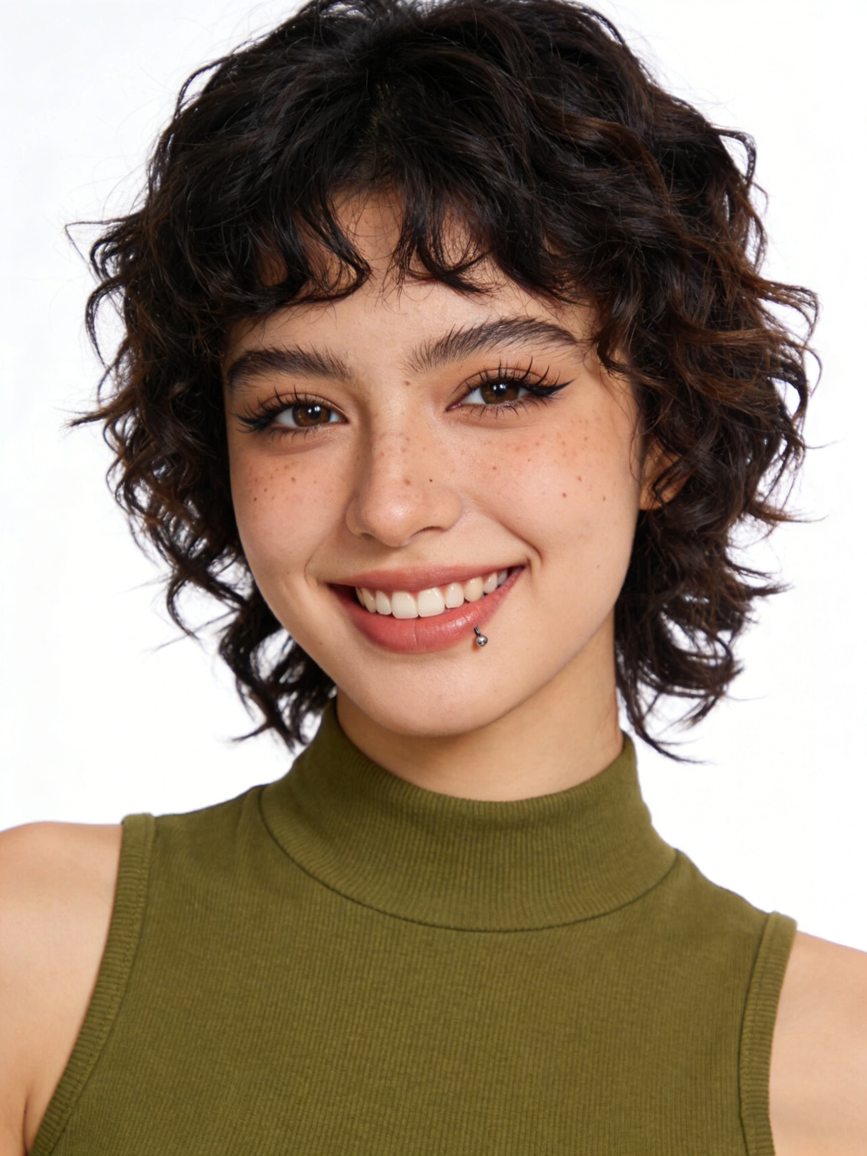 卷发模特修图前面部雀斑显眼