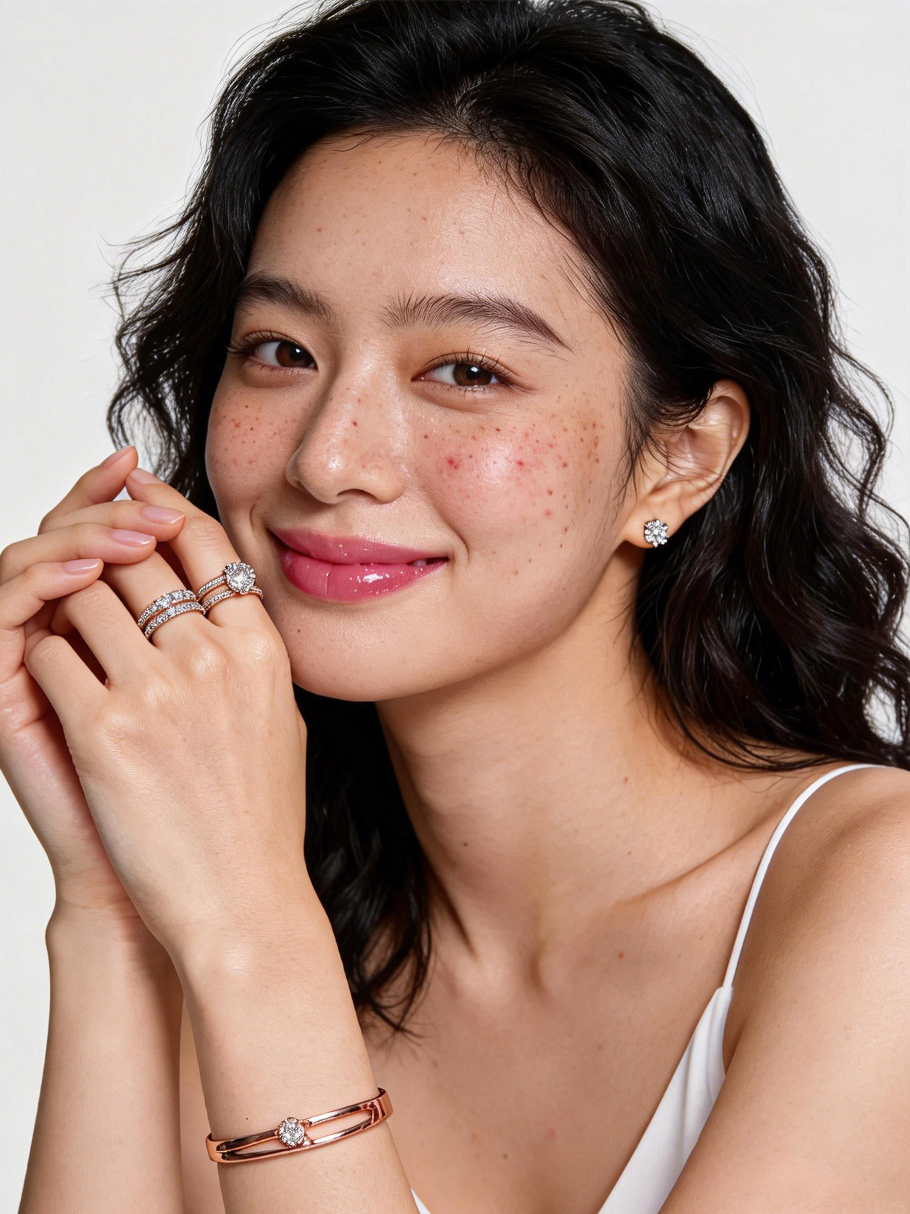 珠宝模特修图前面部雀斑和首饰特写