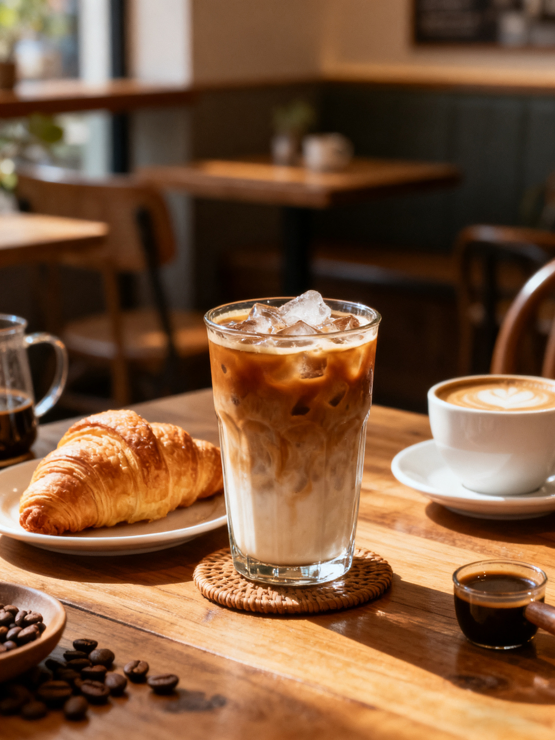 咖啡馆木桌上冰拿铁杯替换可乐瓶后的效果