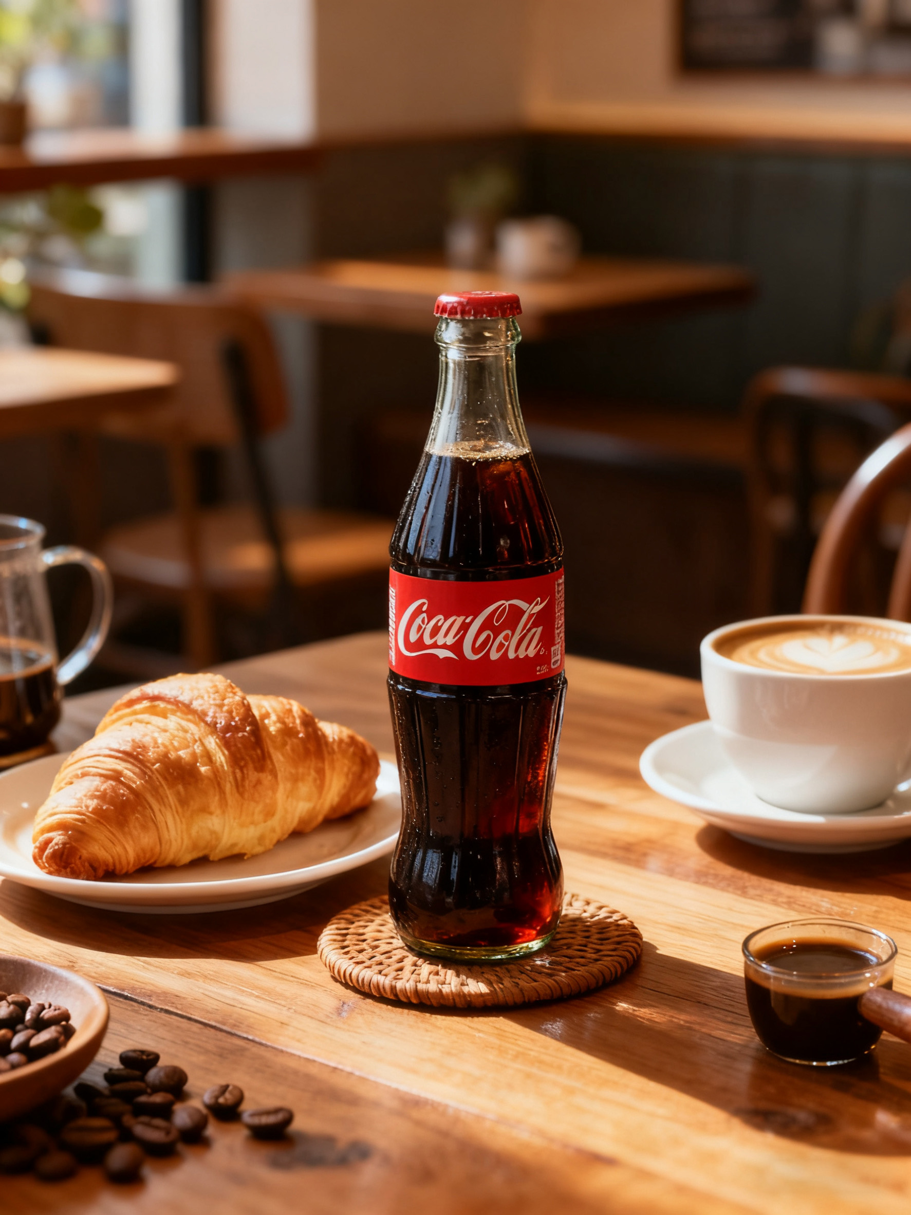 咖啡馆木桌上可乐瓶搭配牛角包和咖啡豆