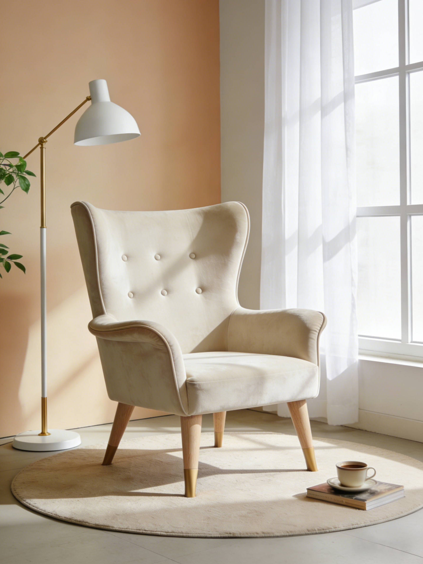 浅色单椅在暖色室内场景落地灯和窗帘旁