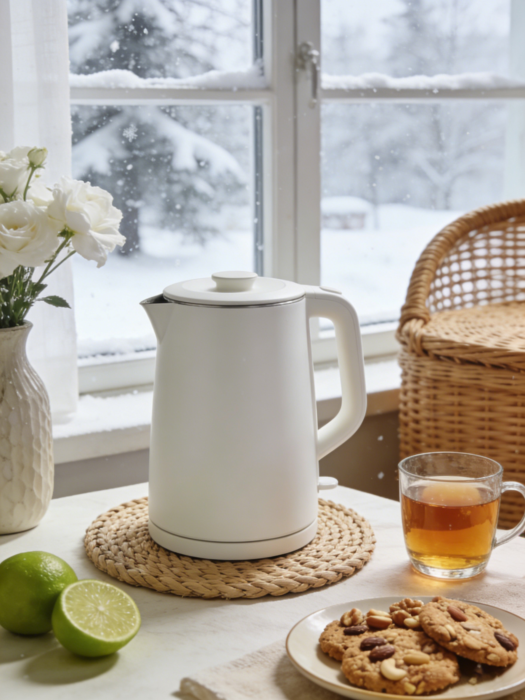 热水壶迁移到冬季窗边场景效果温暖自然