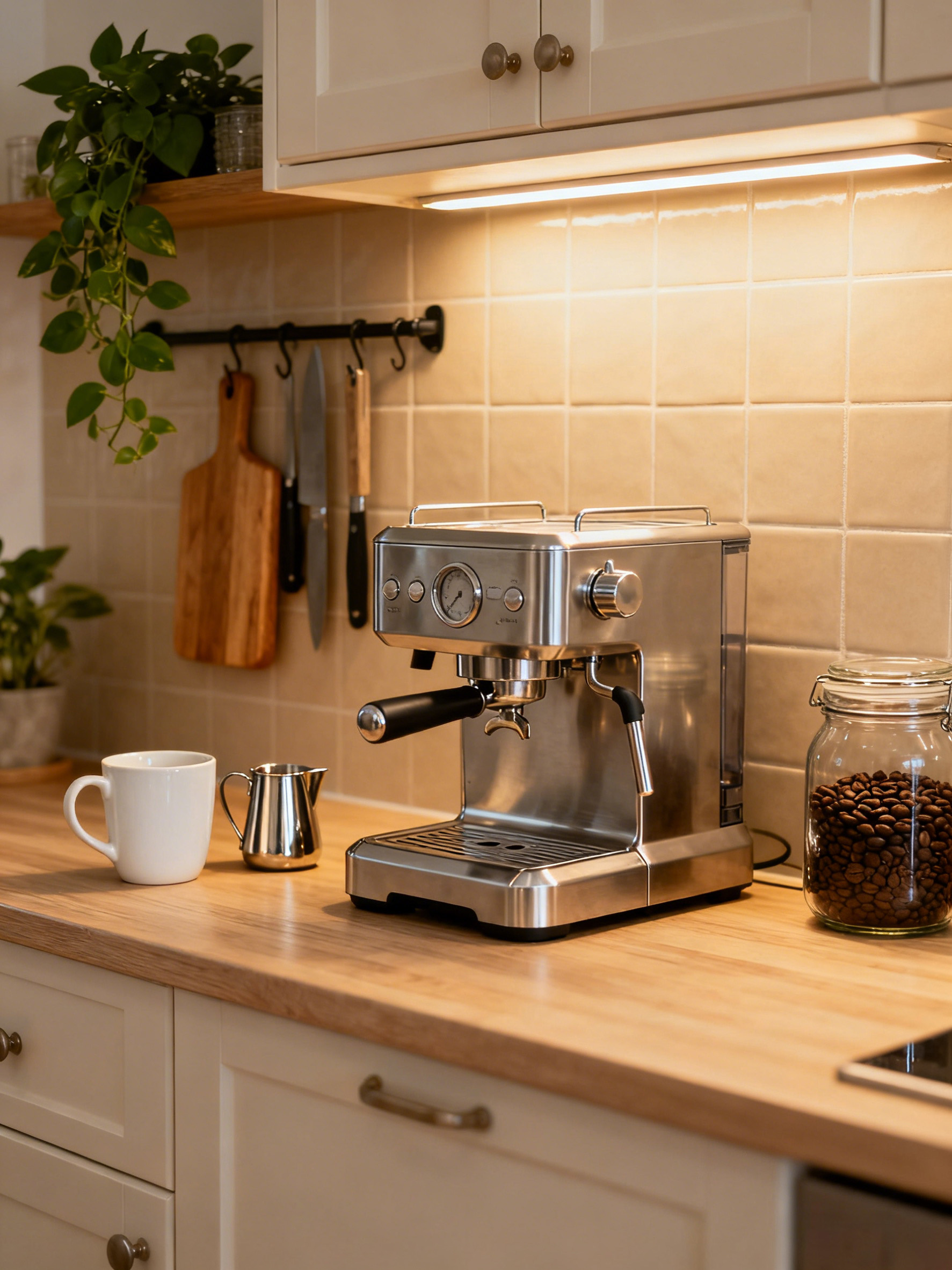 咖啡机迁移到暖光厨房台面后的效果图