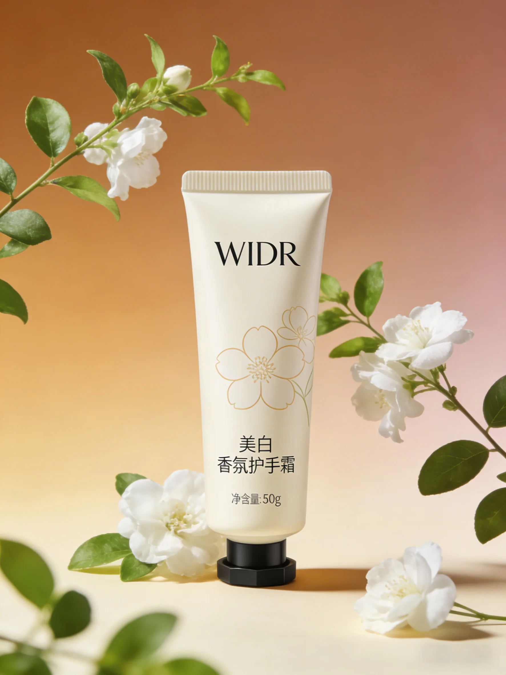替换后:同一茉莉花背景中的美白香氛护手霜 护手霜替换沐浴露后的同风格场景图